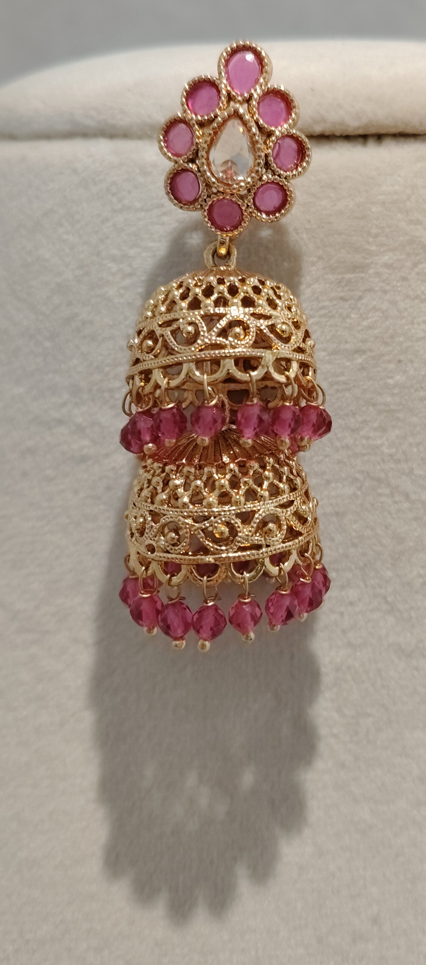 Polki Dual Layer Gold Tone Jhumka Earrings with Ruby Pink Stones Crystal Roz Jewellers