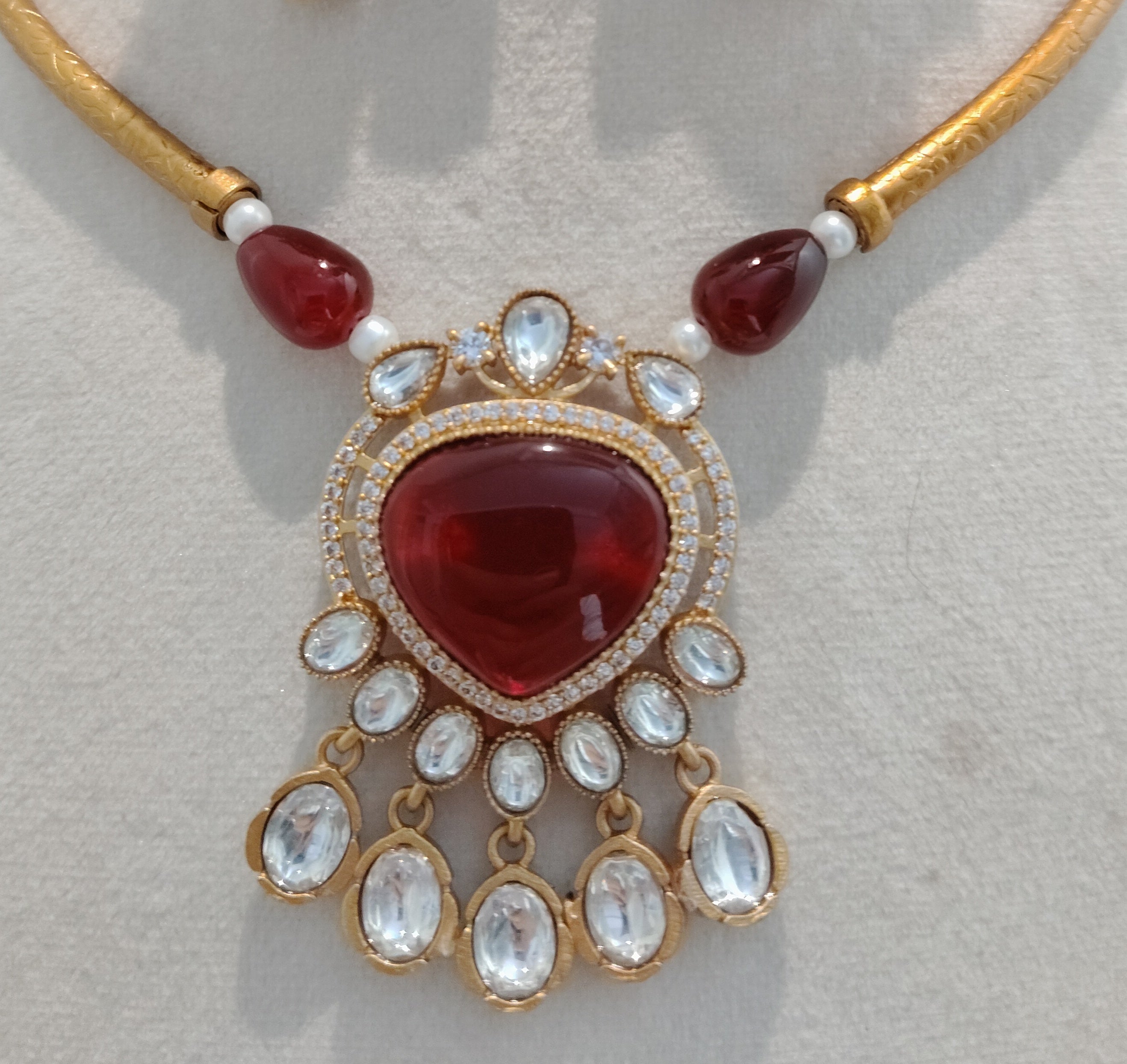 Royal Ruby Crystal Moissanite Necklace Set with Statement Earrings Roz Jewellers.
