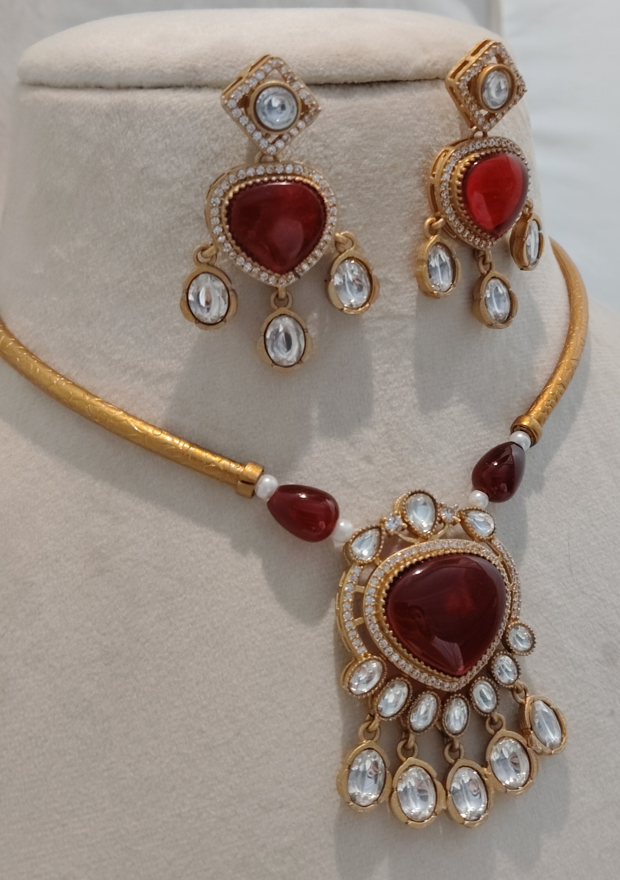 Royal Ruby Crystal Moissanite Necklace Set with Statement Earrings Roz Jewellers.