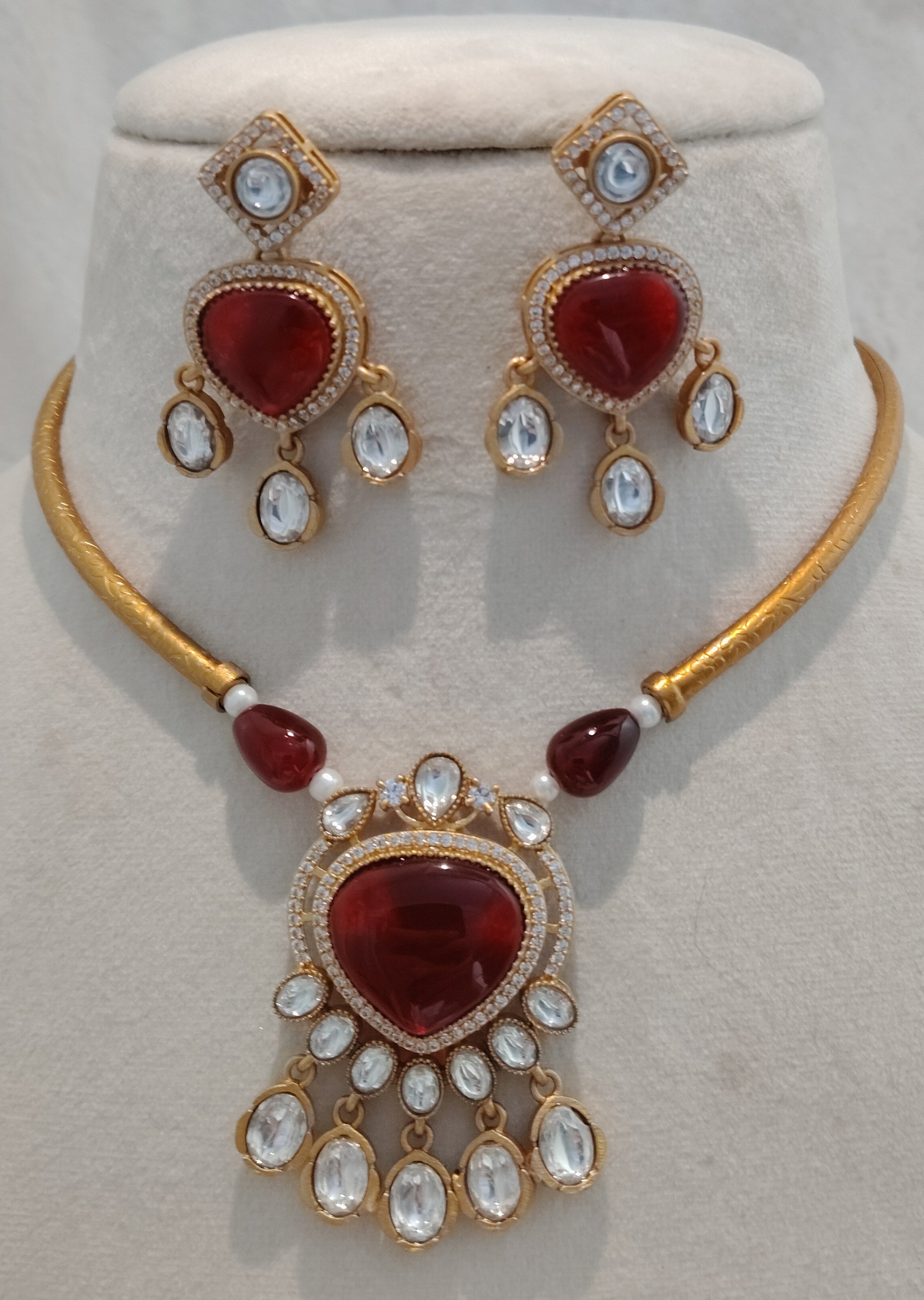Royal Ruby Crystal Moissanite Necklace Set with Statement Earrings Roz Jewellers.