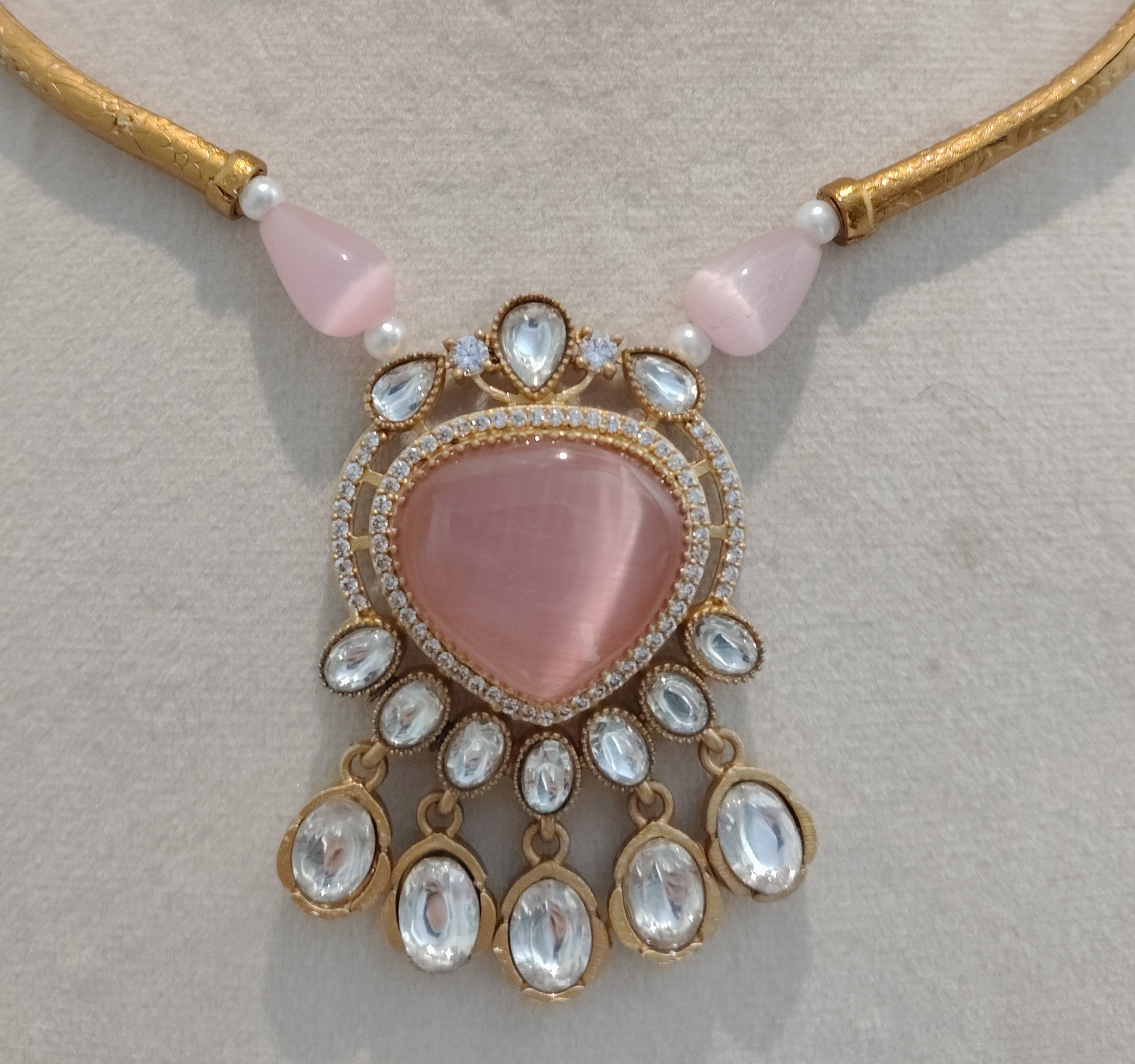 Blush Pink Heart Crystal Moissanite Necklace Set with Matching Earrings Roz Jewellers.
