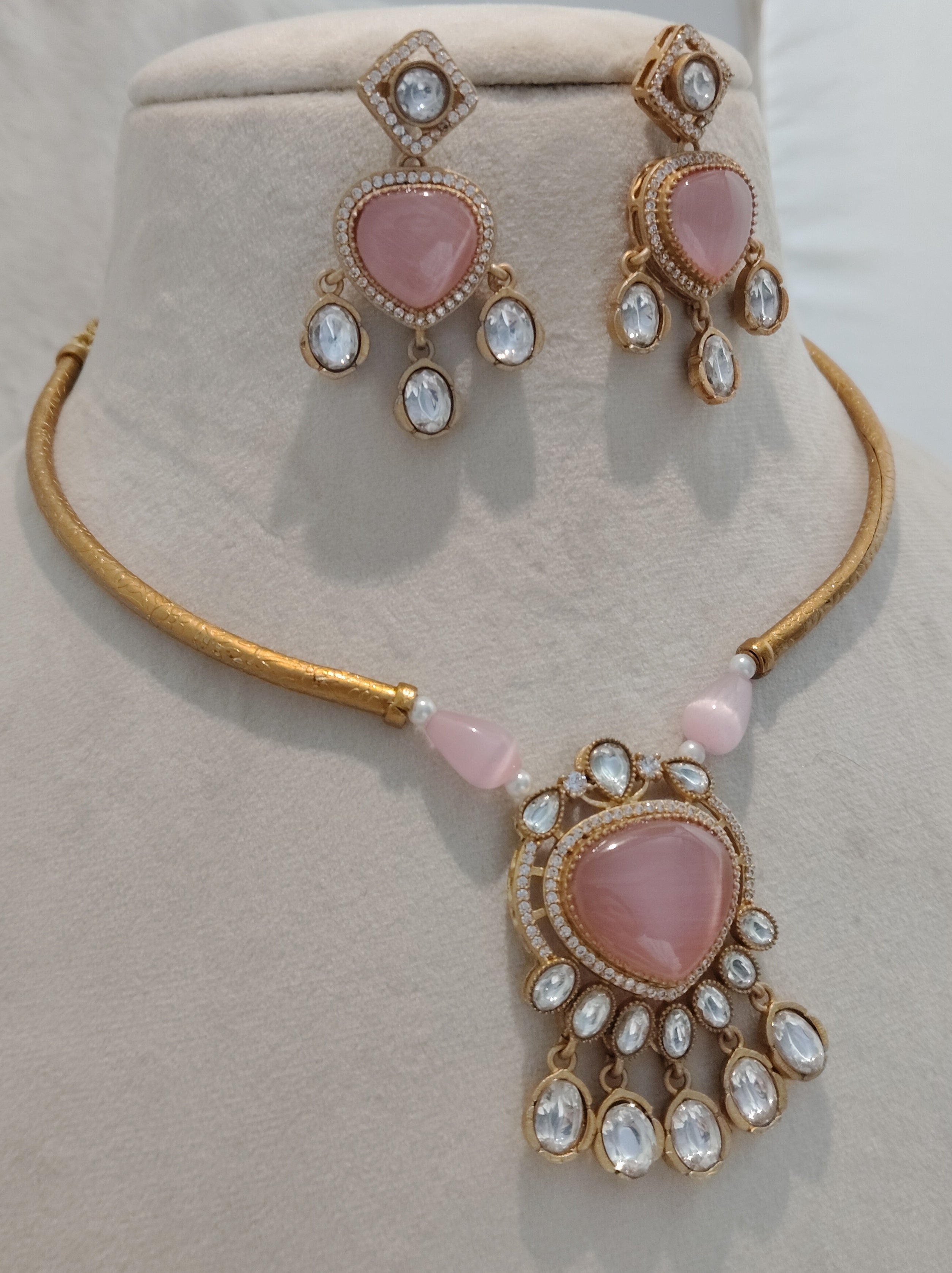 Blush Pink Heart Crystal Moissanite Necklace Set with Matching Earrings Roz Jewellers.