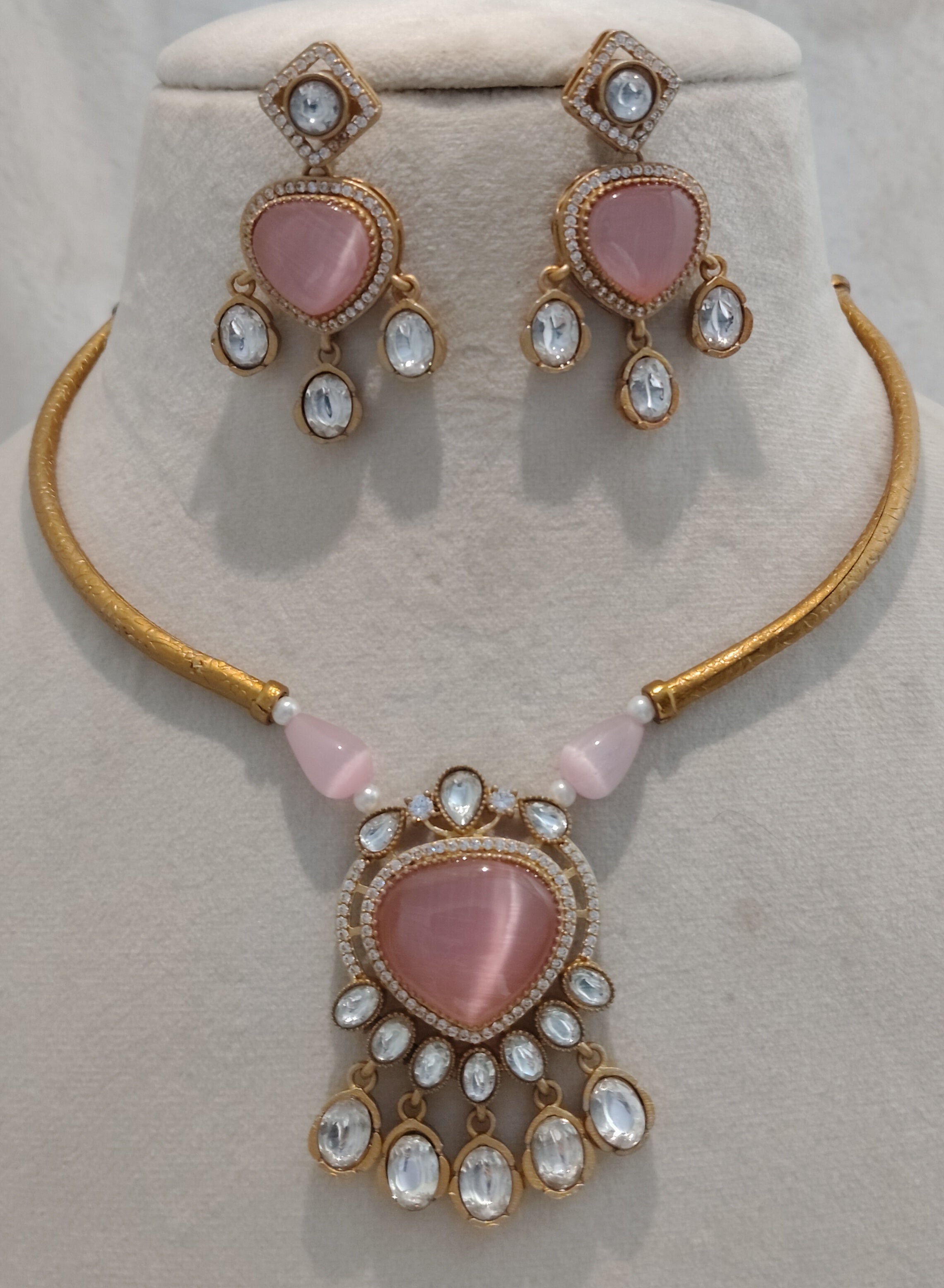 Blush Pink Heart Crystal Moissanite Necklace Set with Matching Earrings Roz Jewellers.