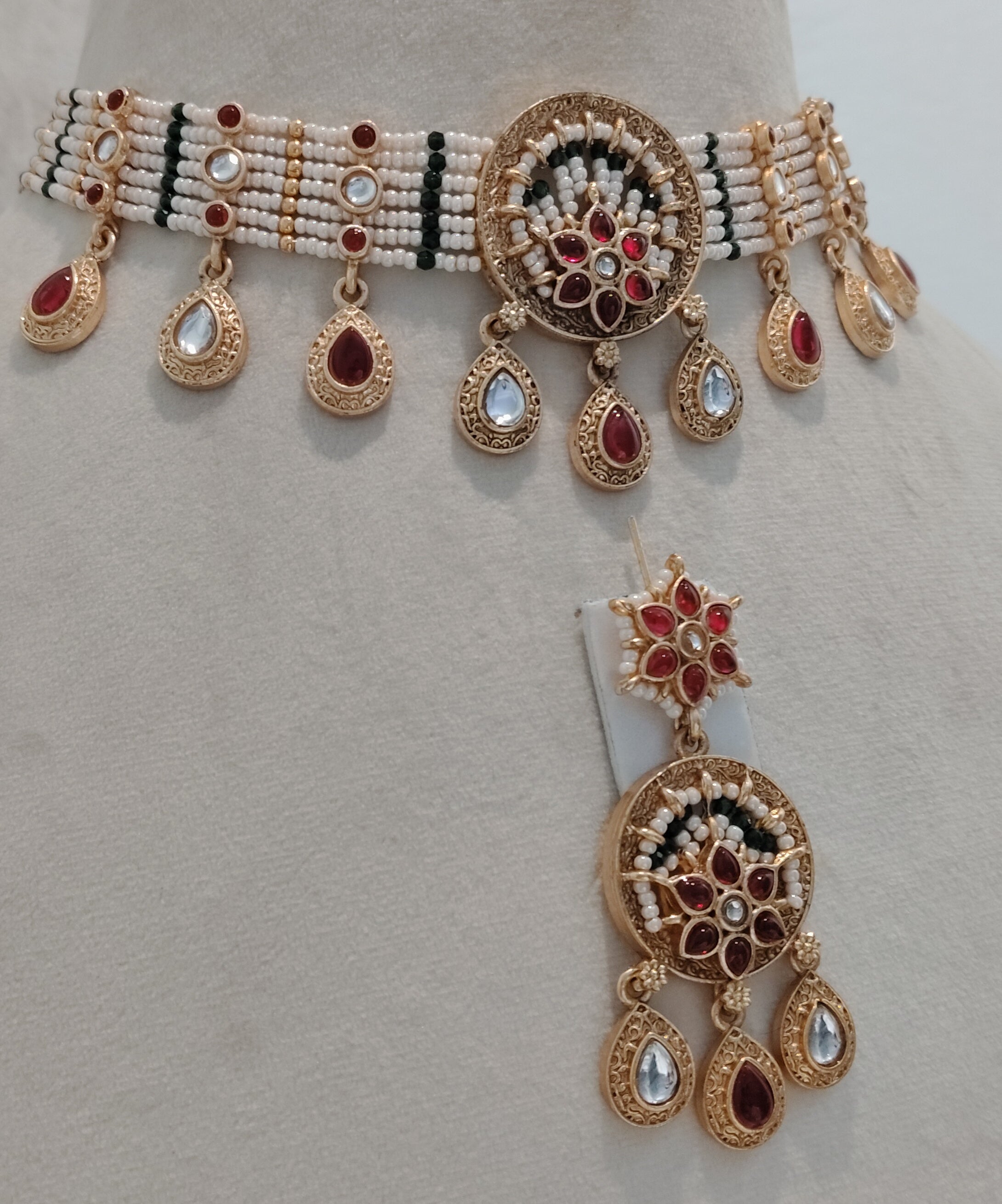 Rajasthani Multi Kundan Choker Necklace Set with Pearl Beads and Matching Earrings Roz Jewellers.