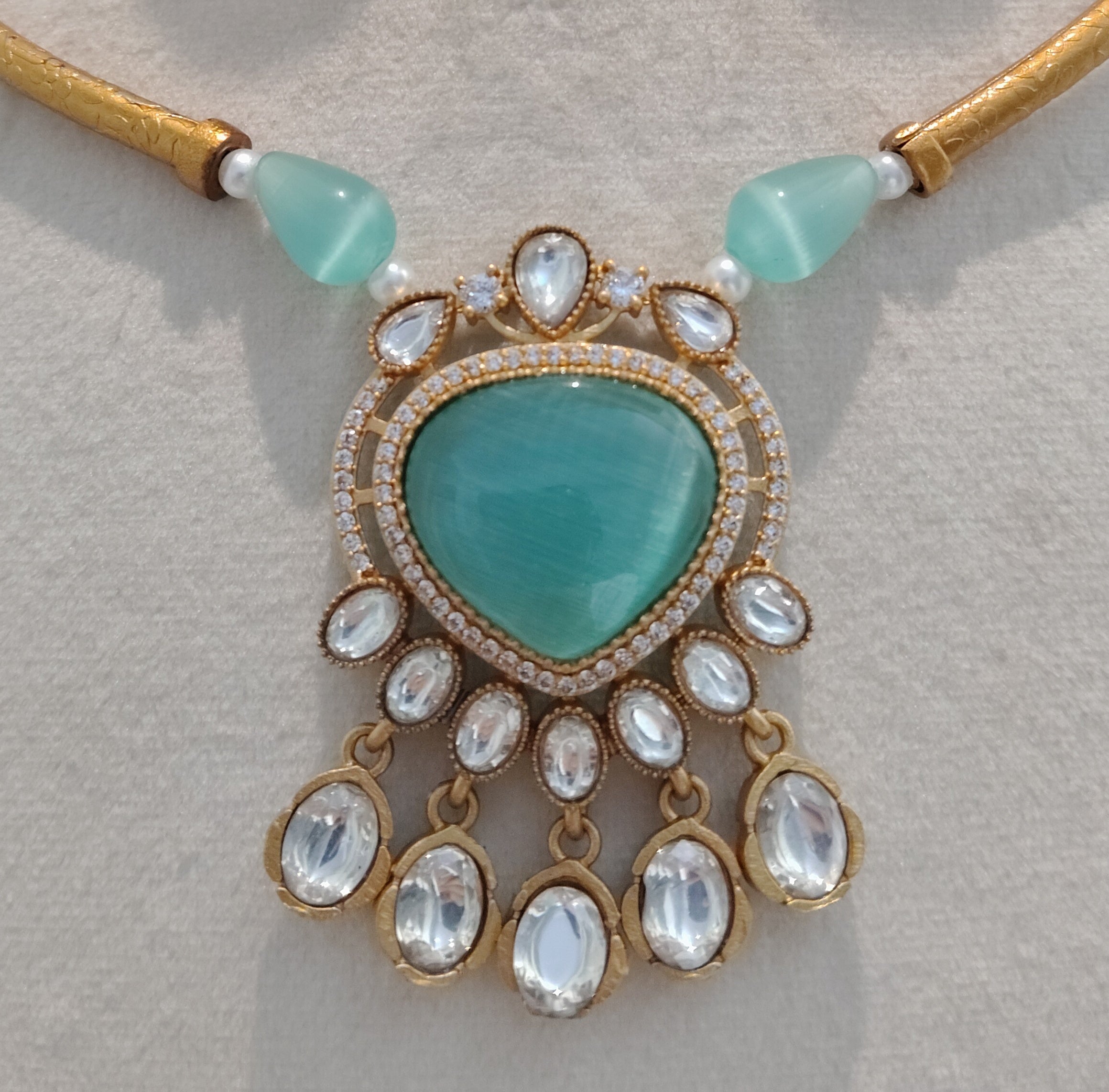 Mint Green Moissanite Necklace Set Luxury Gold Tone Statement Roz Jewellers.
