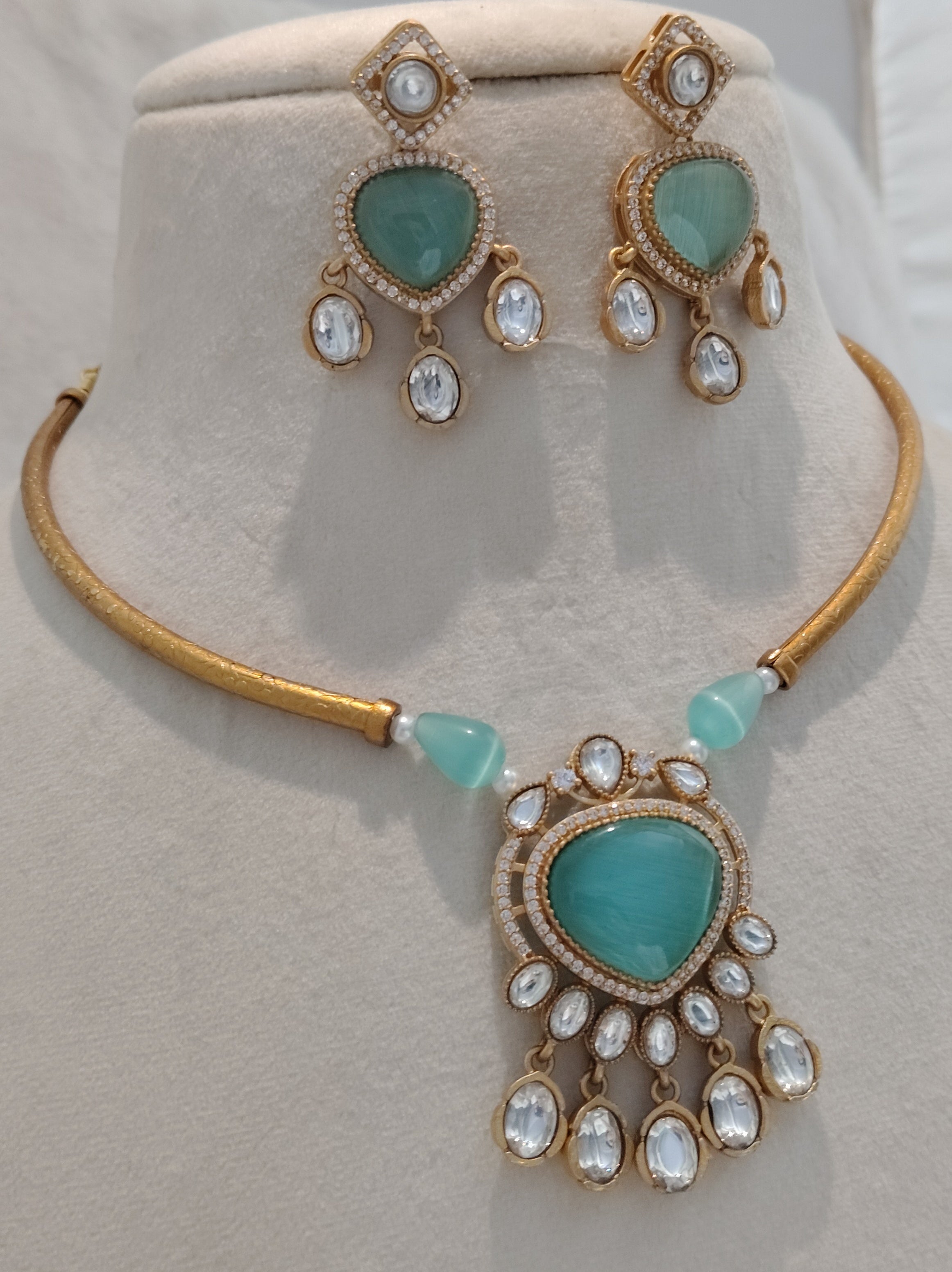 Mint Green Moissanite Necklace Set Luxury Gold Tone Statement Roz Jewellers.