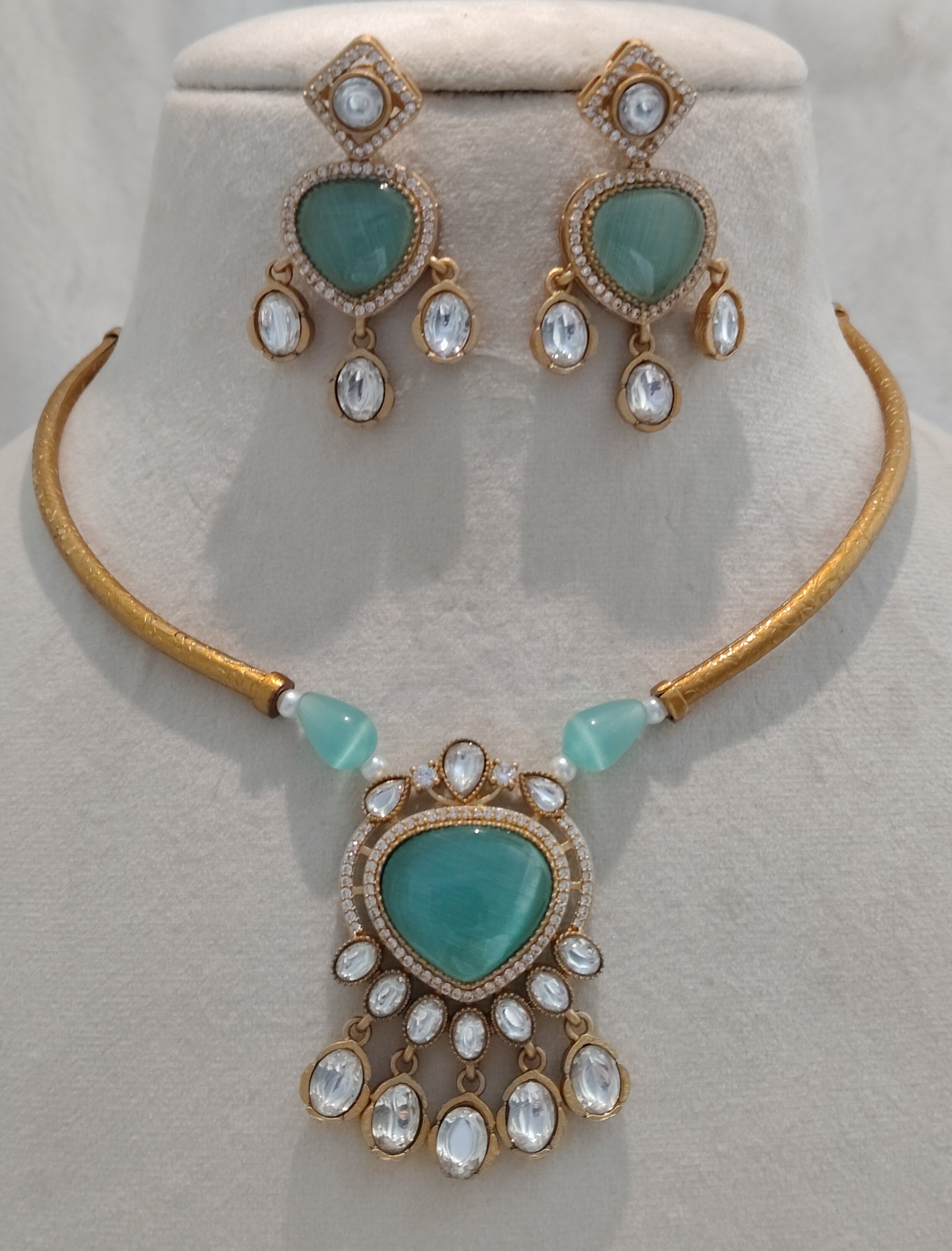 Mint Green Moissanite Necklace Set Luxury Gold Tone Statement Roz Jewellers.