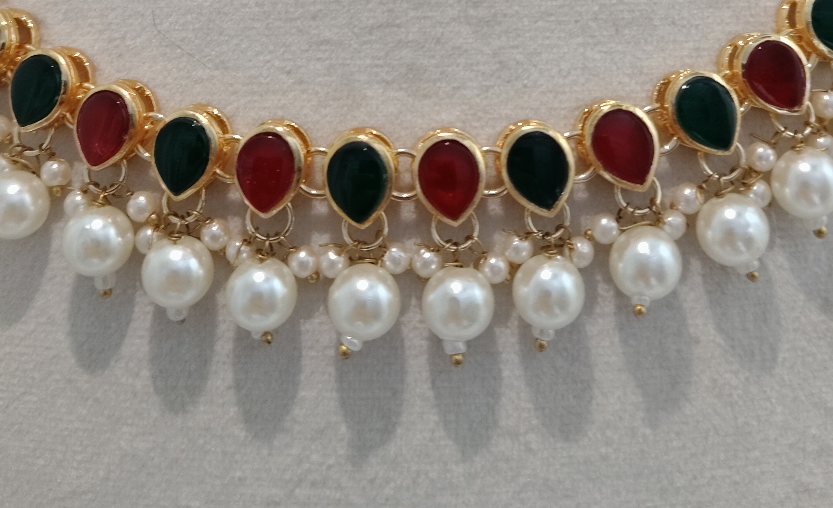 Luminous Round Pearl with Teardrop Emerald Kundan Necklace Set Roz Jewellers.