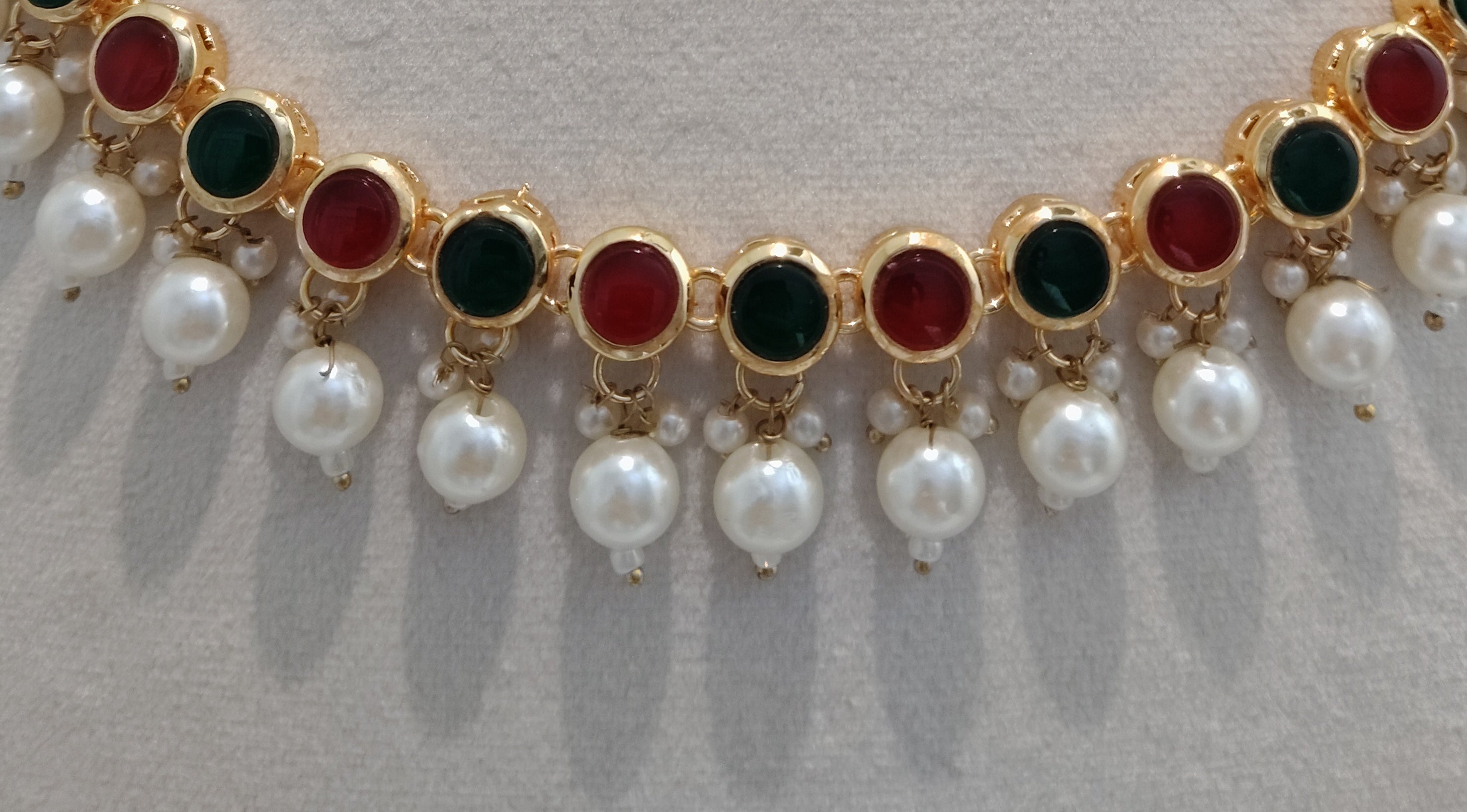 Navratna Kundan Necklace Set with Pearl Hanging Drops Roz Jewellers.