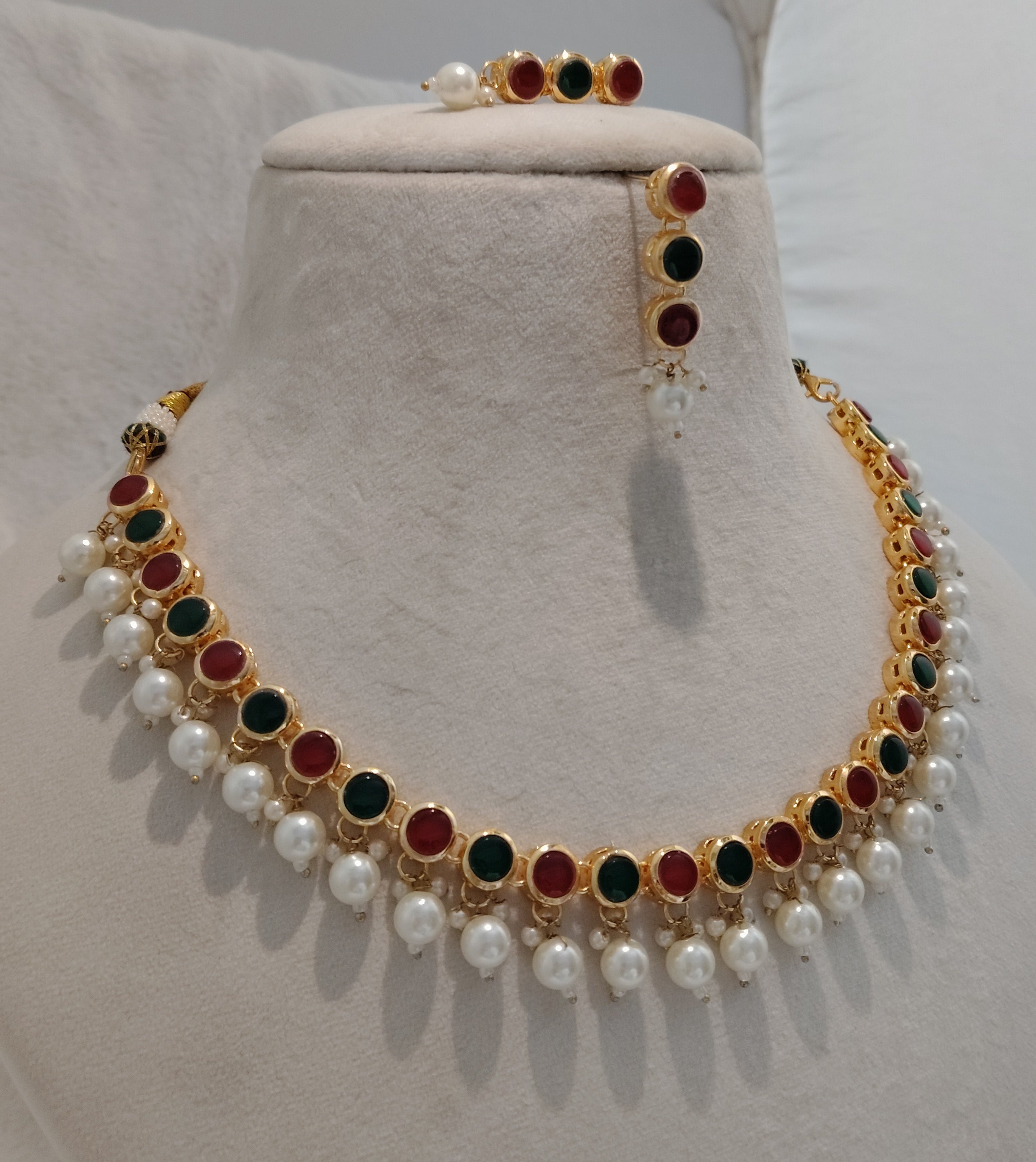 Navratna Kundan Necklace Set with Pearl Hanging Drops Roz Jewellers.
