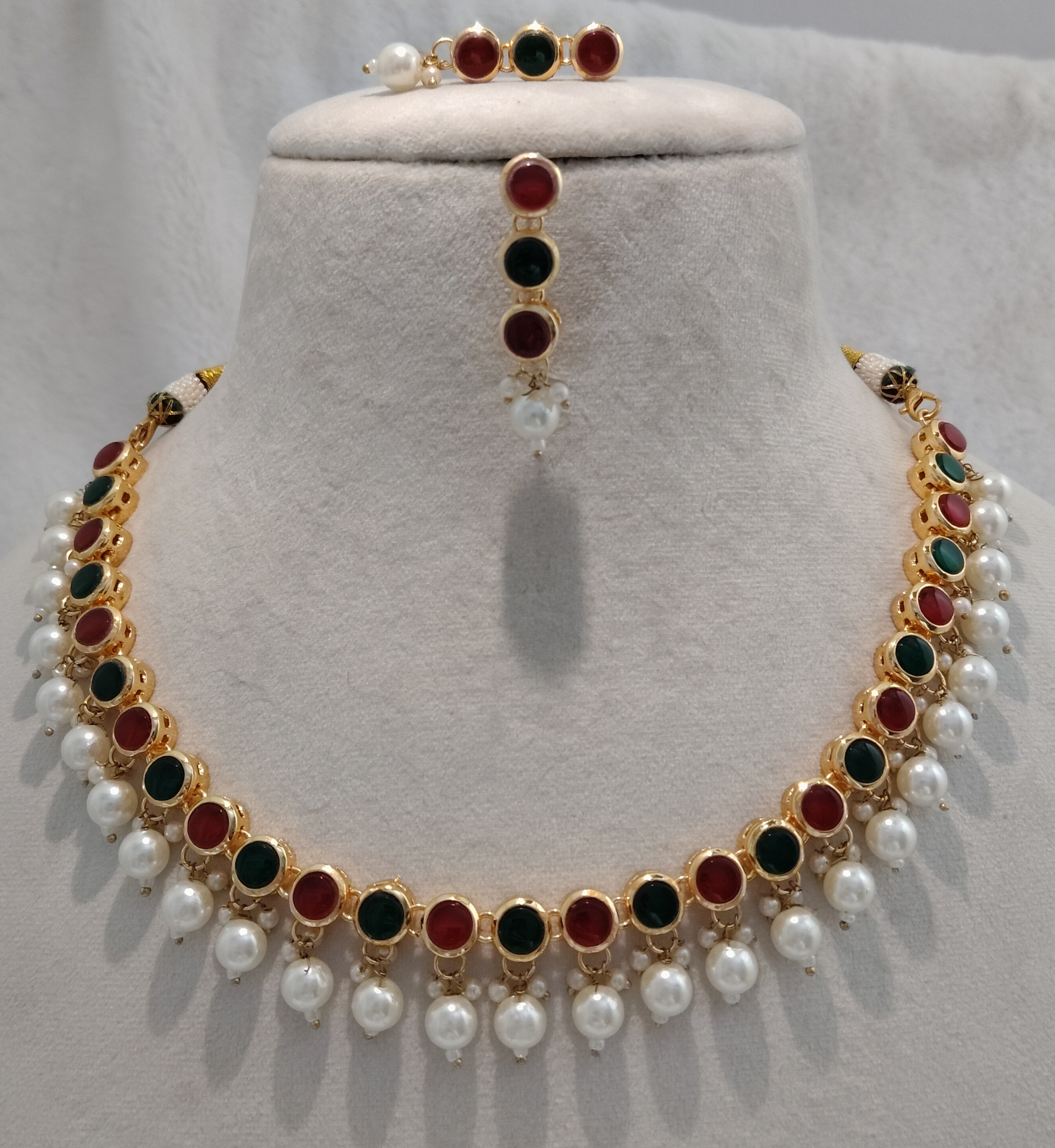 Navratna Kundan Necklace Set with Pearl Hanging Drops Roz Jewellers.