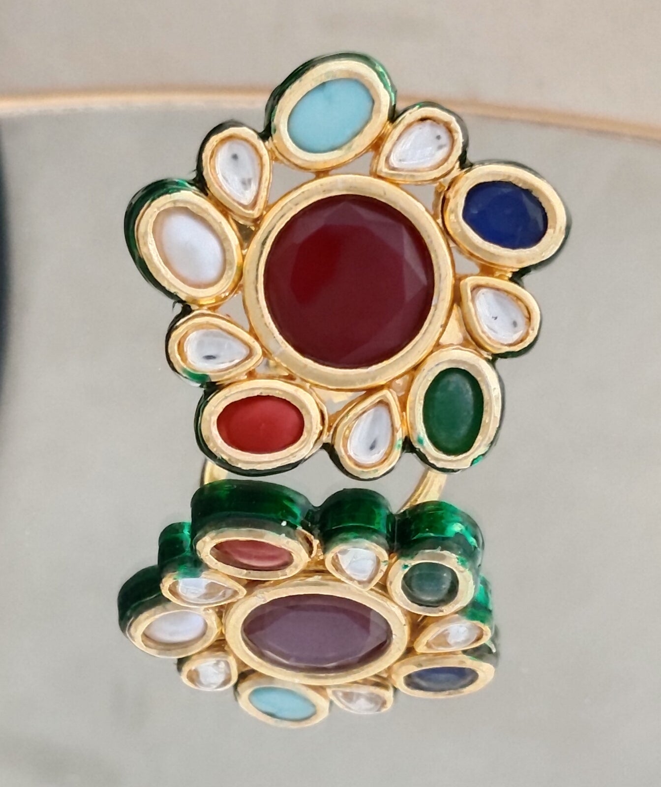 Handcrafted Meenakari Adjustable Kundan Cocktail Ring Roz Jewellers