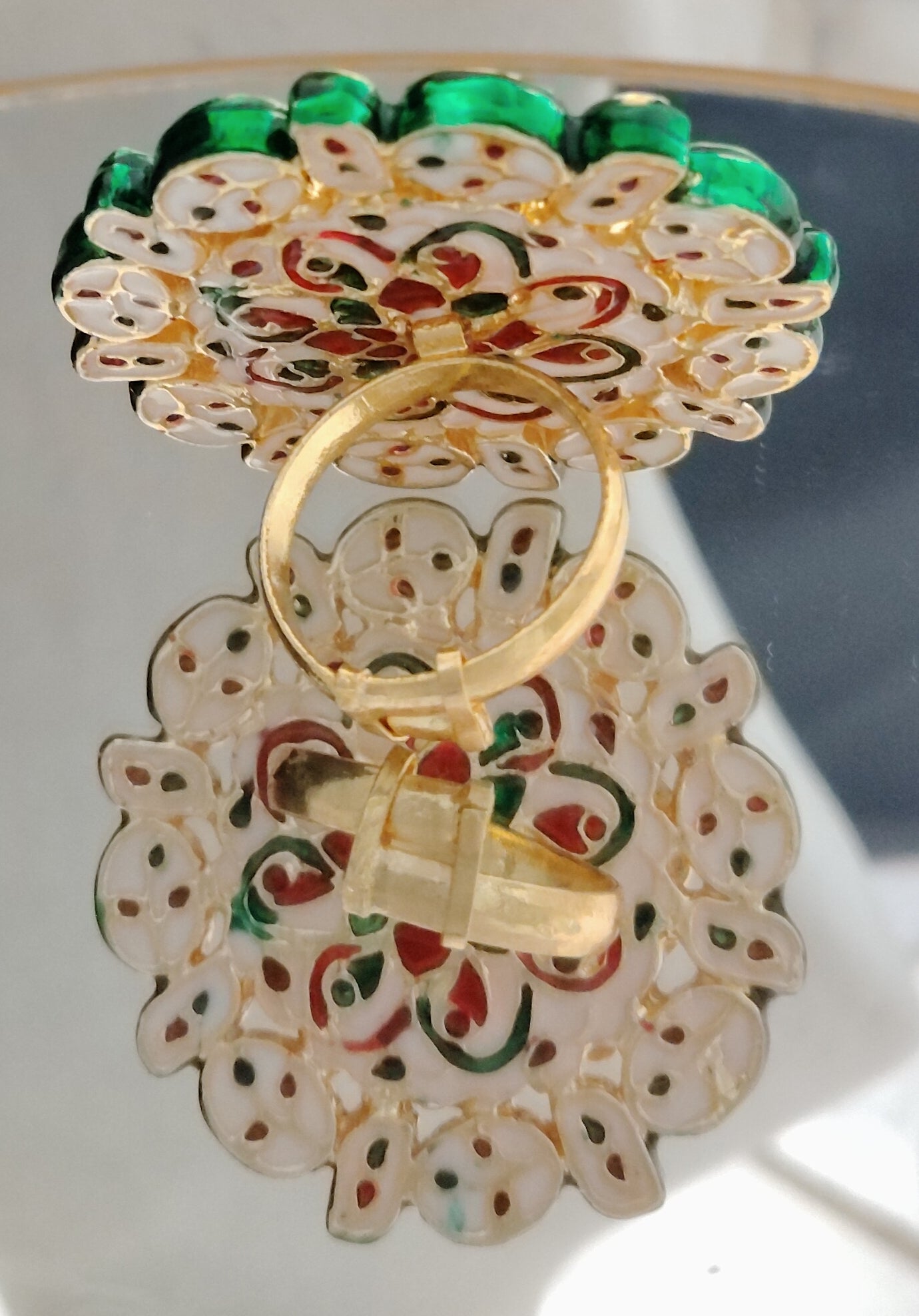Royal Floral Kundan Statement Ring with Green Stone Accent Roz Jewellers