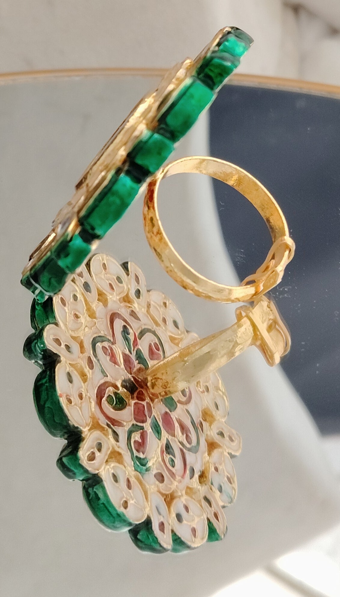 Royal Floral Kundan Statement Ring with Green Stone Accent Roz Jewellers