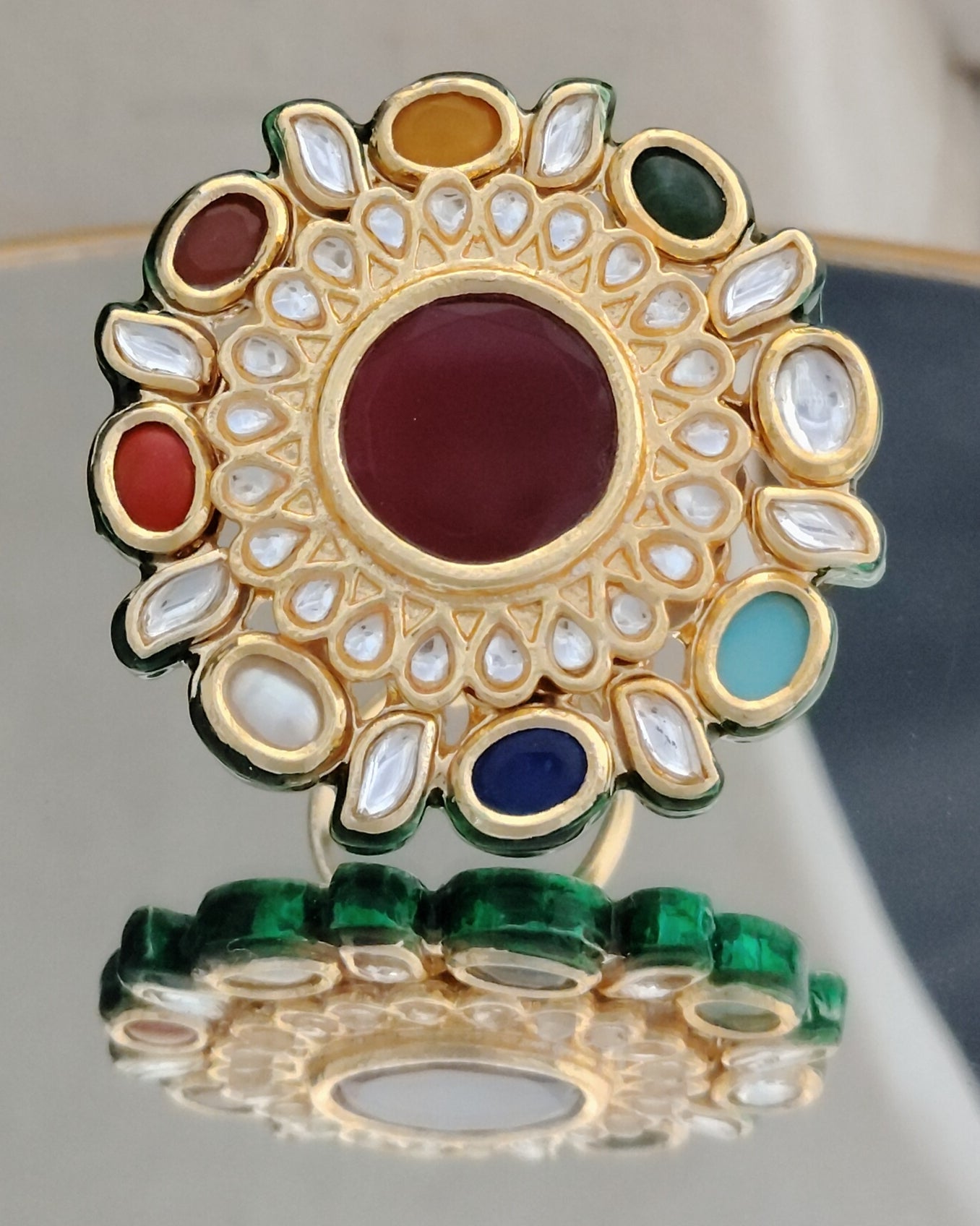 Royal Floral Kundan Statement Ring with Green Stone Accent Roz Jewellers