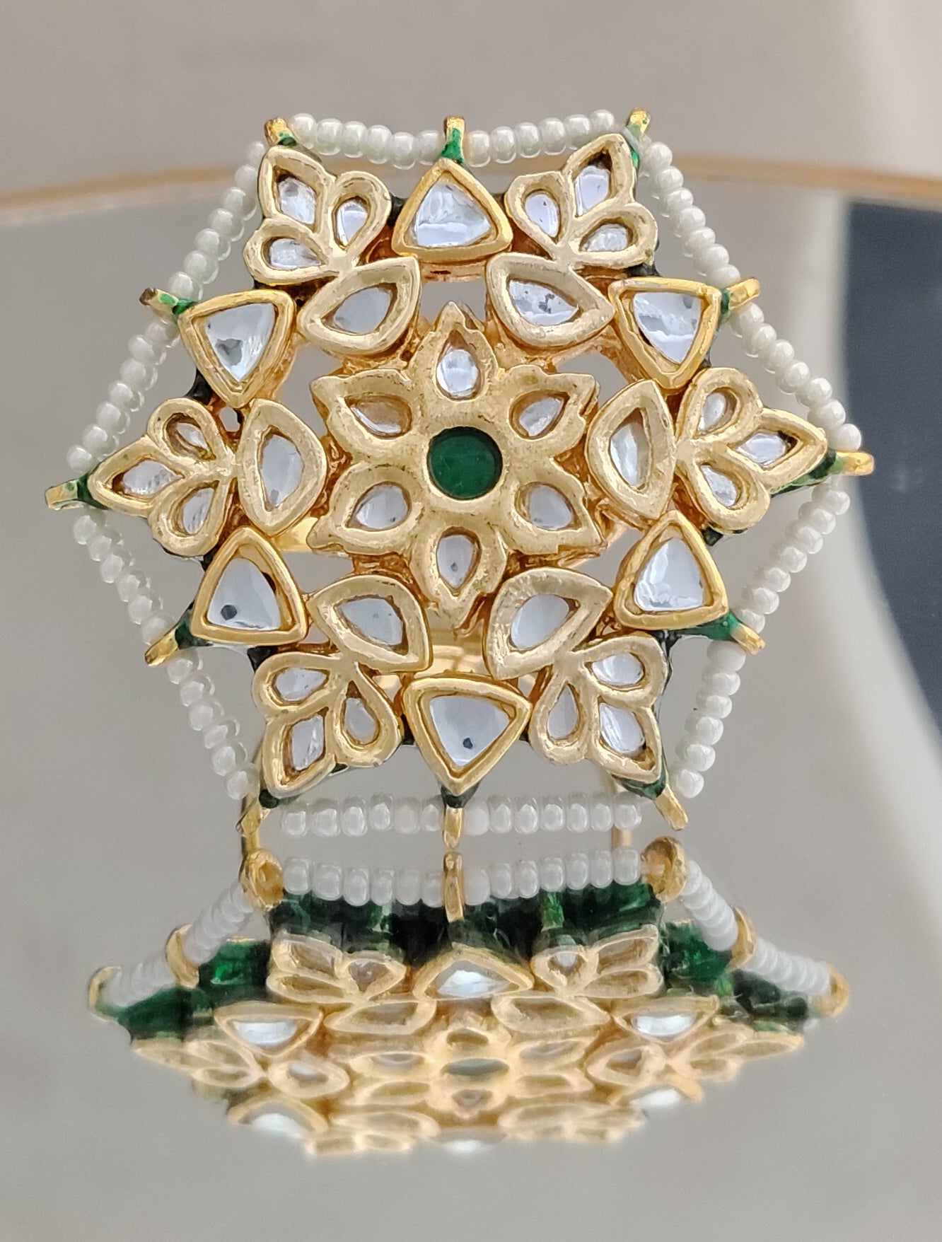 Luxury Mughal-Inspired Floral Kundan Gold Plated Ring Roz Jewellers