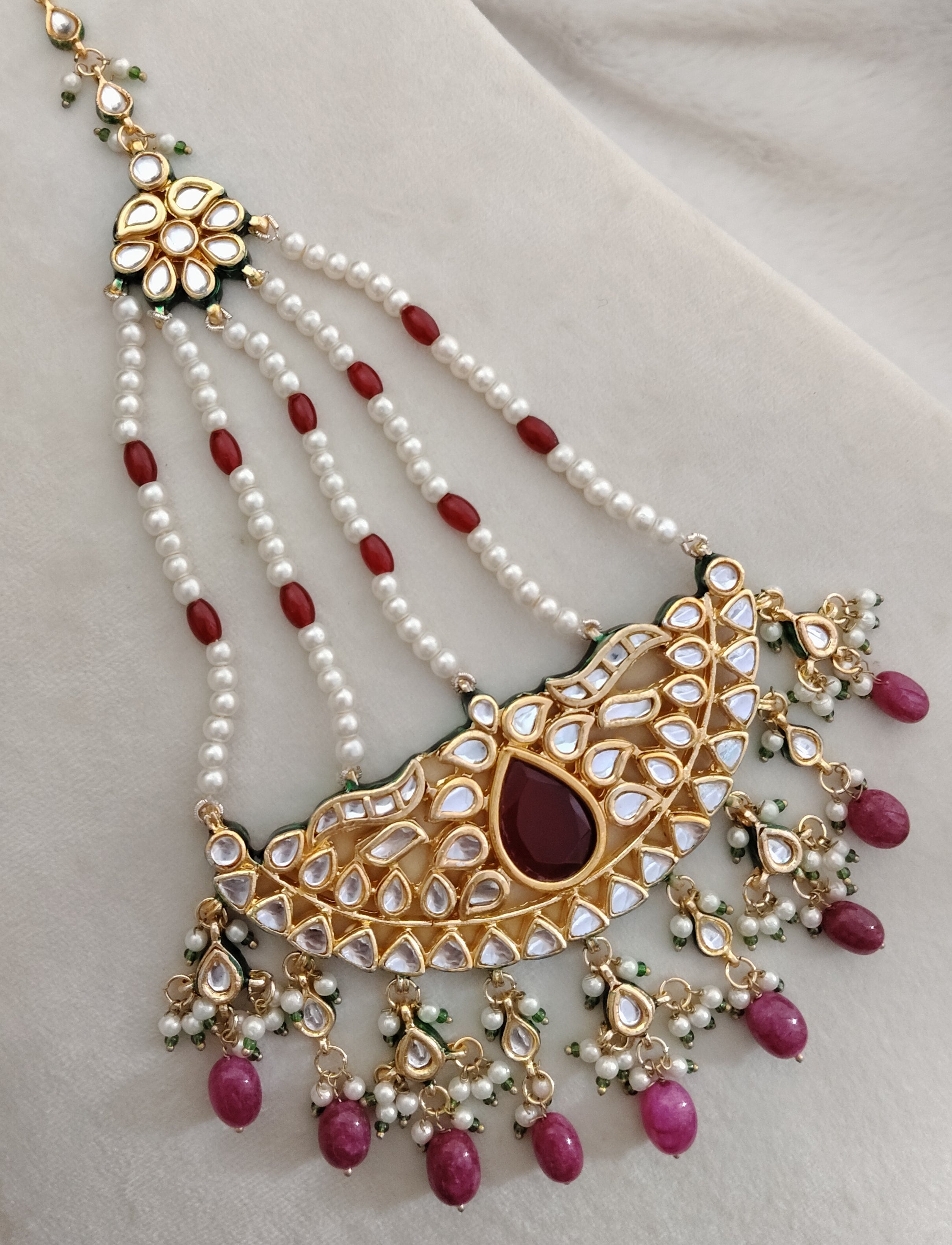 Vintage Inspired Kundan Jhumar Ruby Stone Bridal Hair Jewelry Roz Jewellers