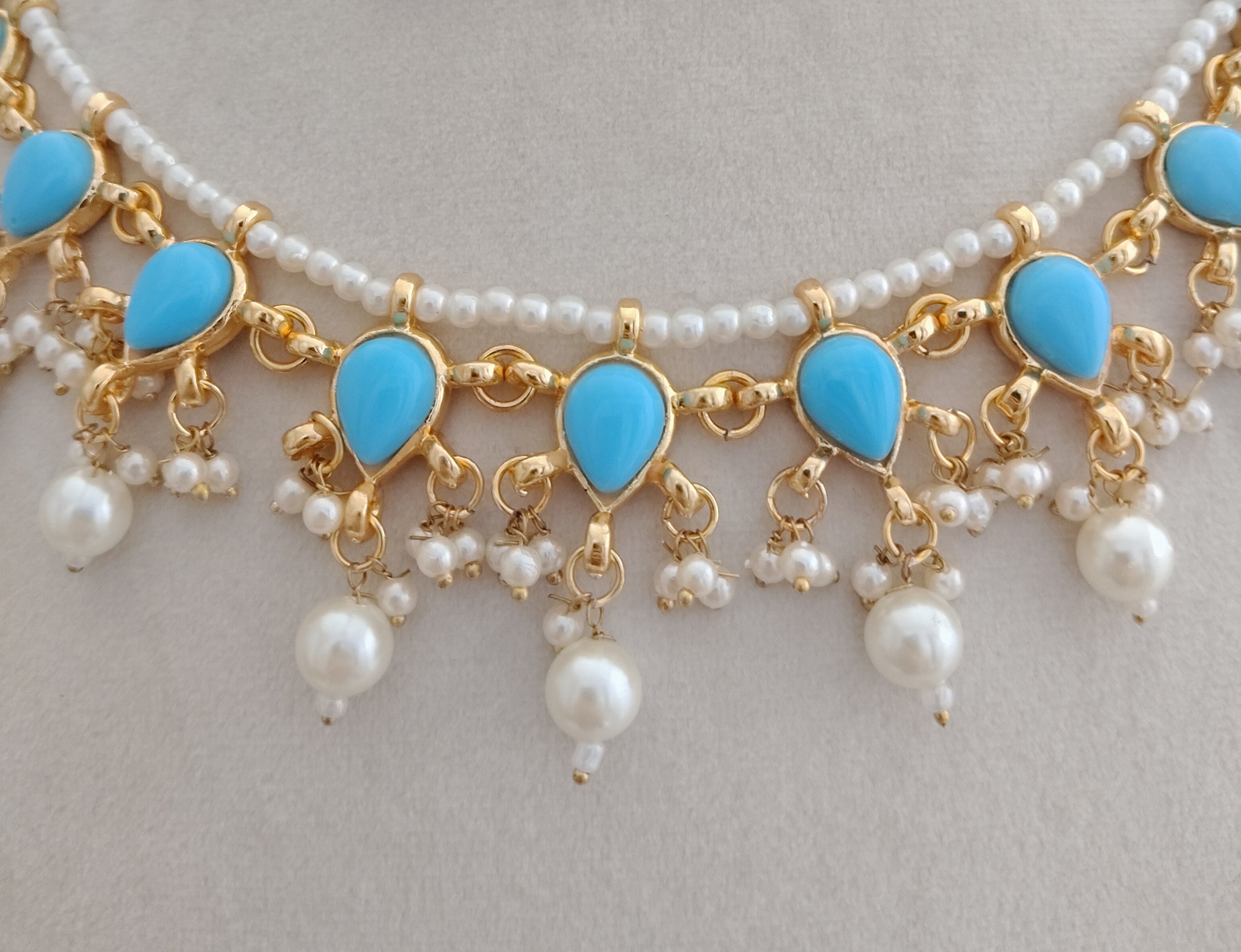 Kundan bridesmaid jewelry turquoise wedding necklace for women gold plated pearls