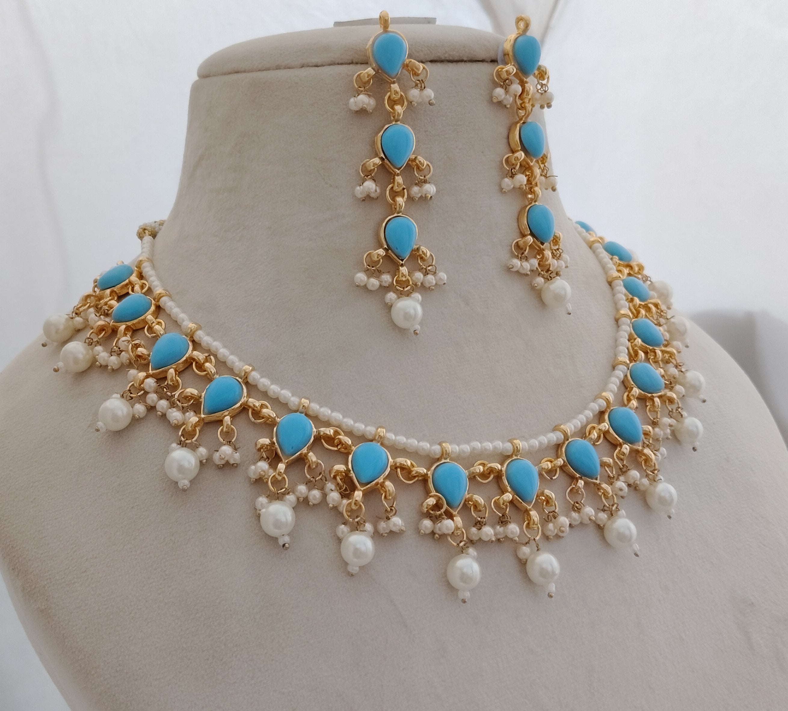 Kundan bridesmaid jewelry turquoise wedding necklace for women gold plated pearls
