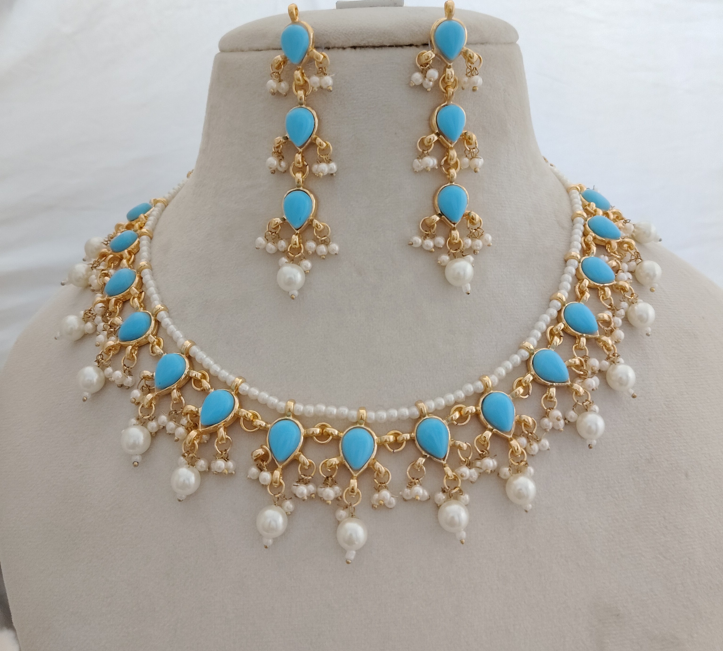 Kundan bridesmaid jewelry turquoise wedding necklace for women gold plated pearls