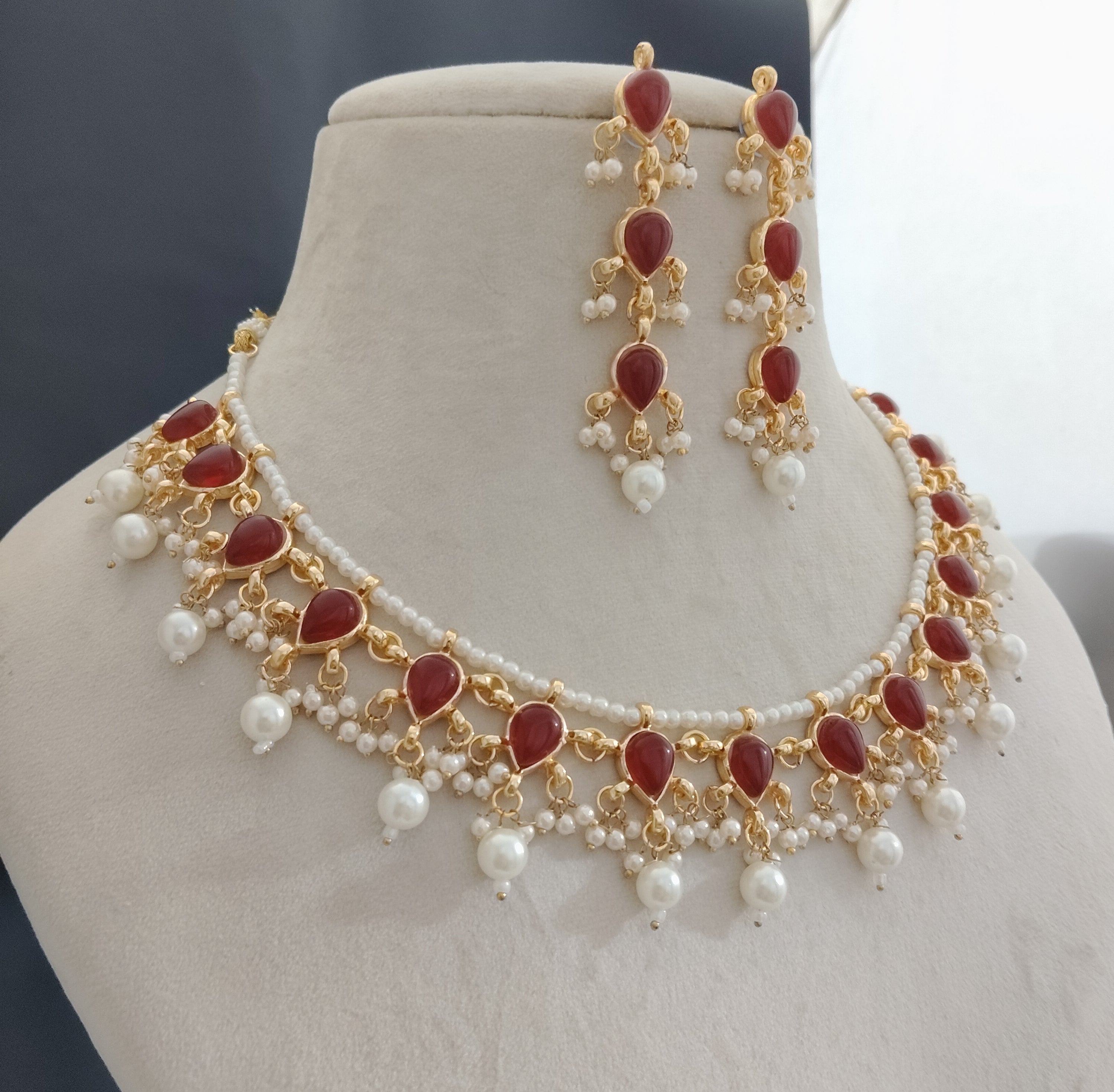 Kundan wedding necklace for women gold plated pearls red stones bridesmaid Jewelry