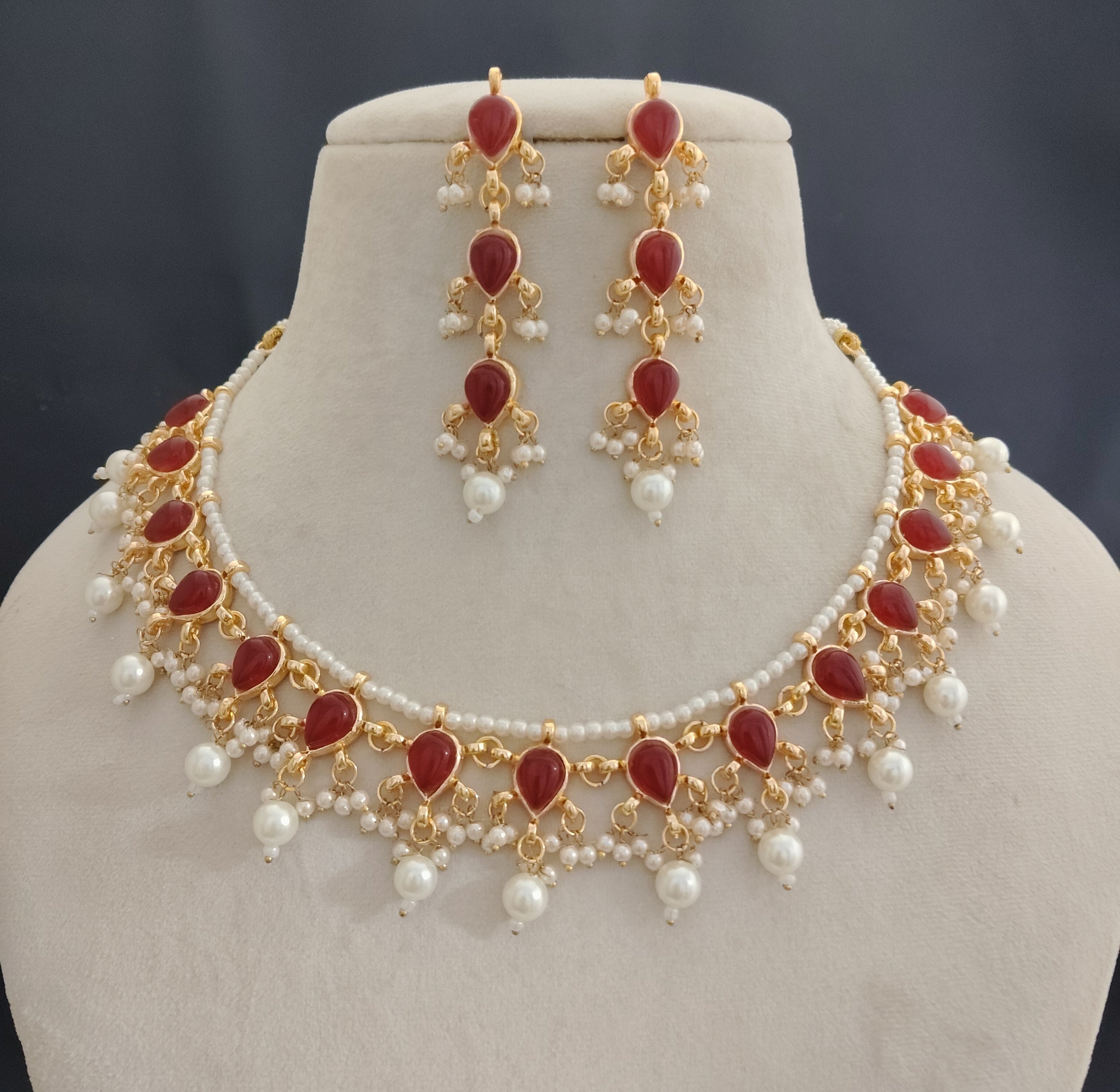 Kundan wedding necklace for women gold plated pearls red stones bridesmaid Jewelry