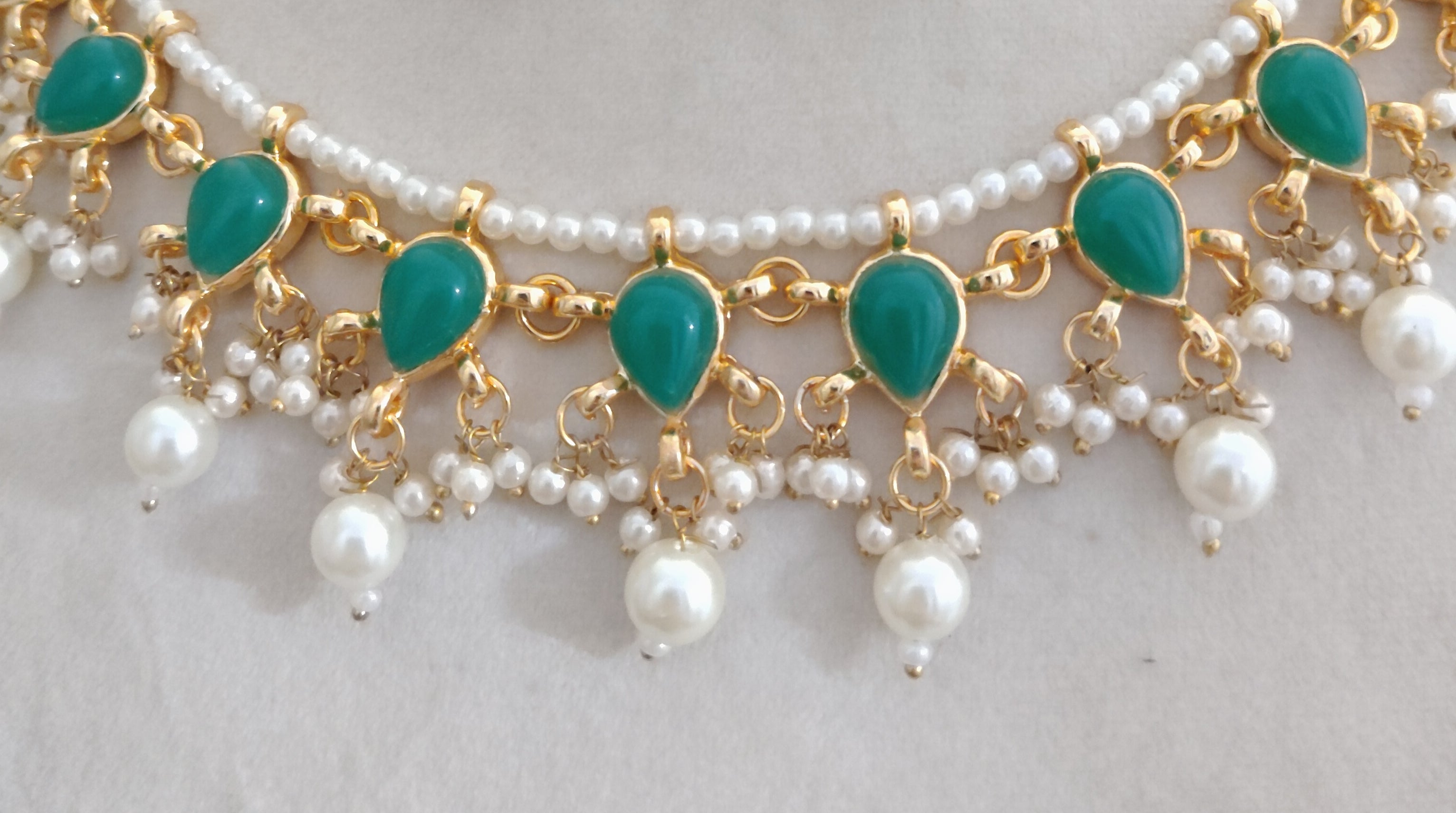 Kundan Emerald Green Teardrop Pearl Necklace Set with Long Earrings Roz Jewelle