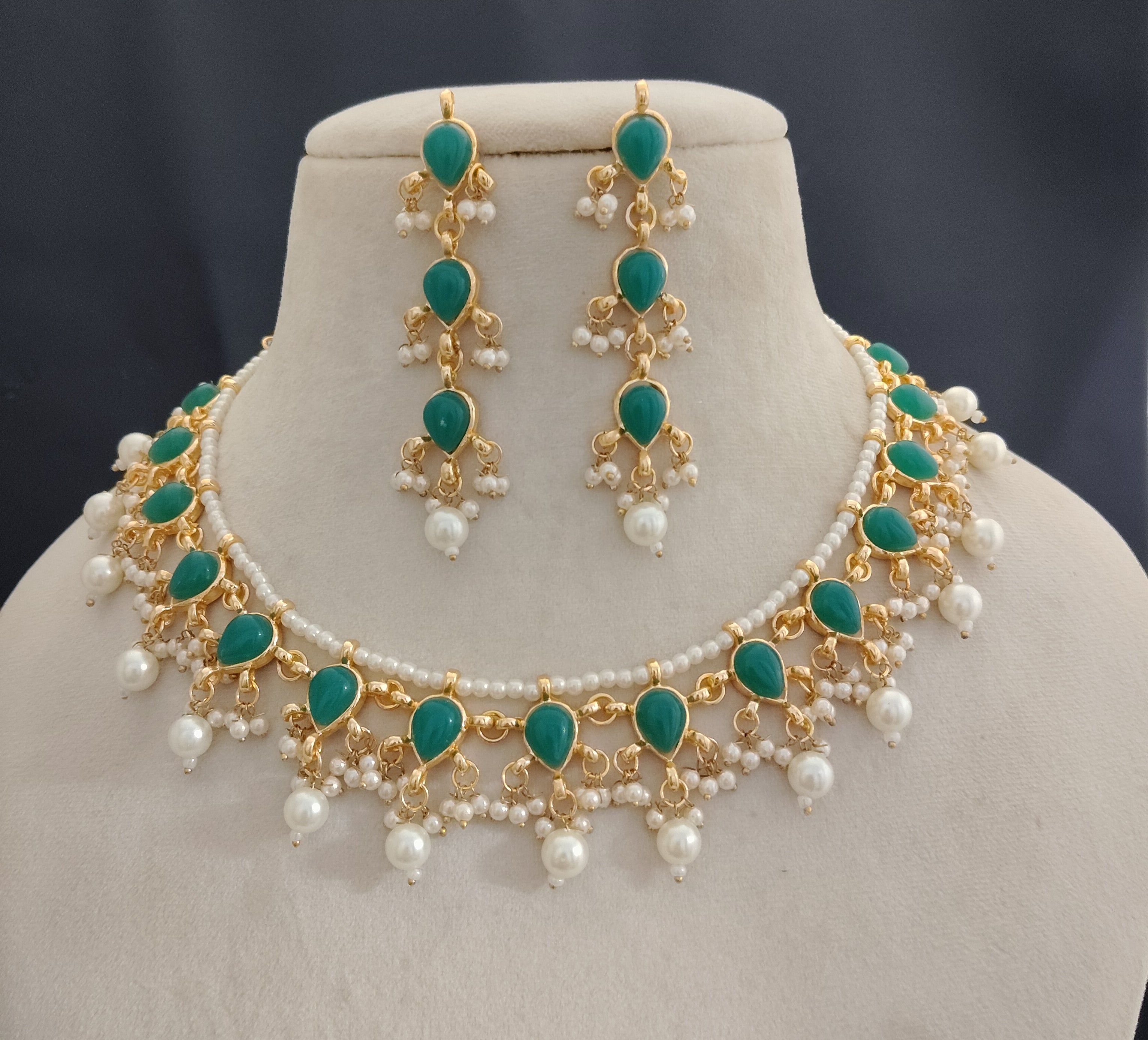 Kundan Emerald Green Teardrop Pearl Necklace Set with Long Earrings Roz Jewelle