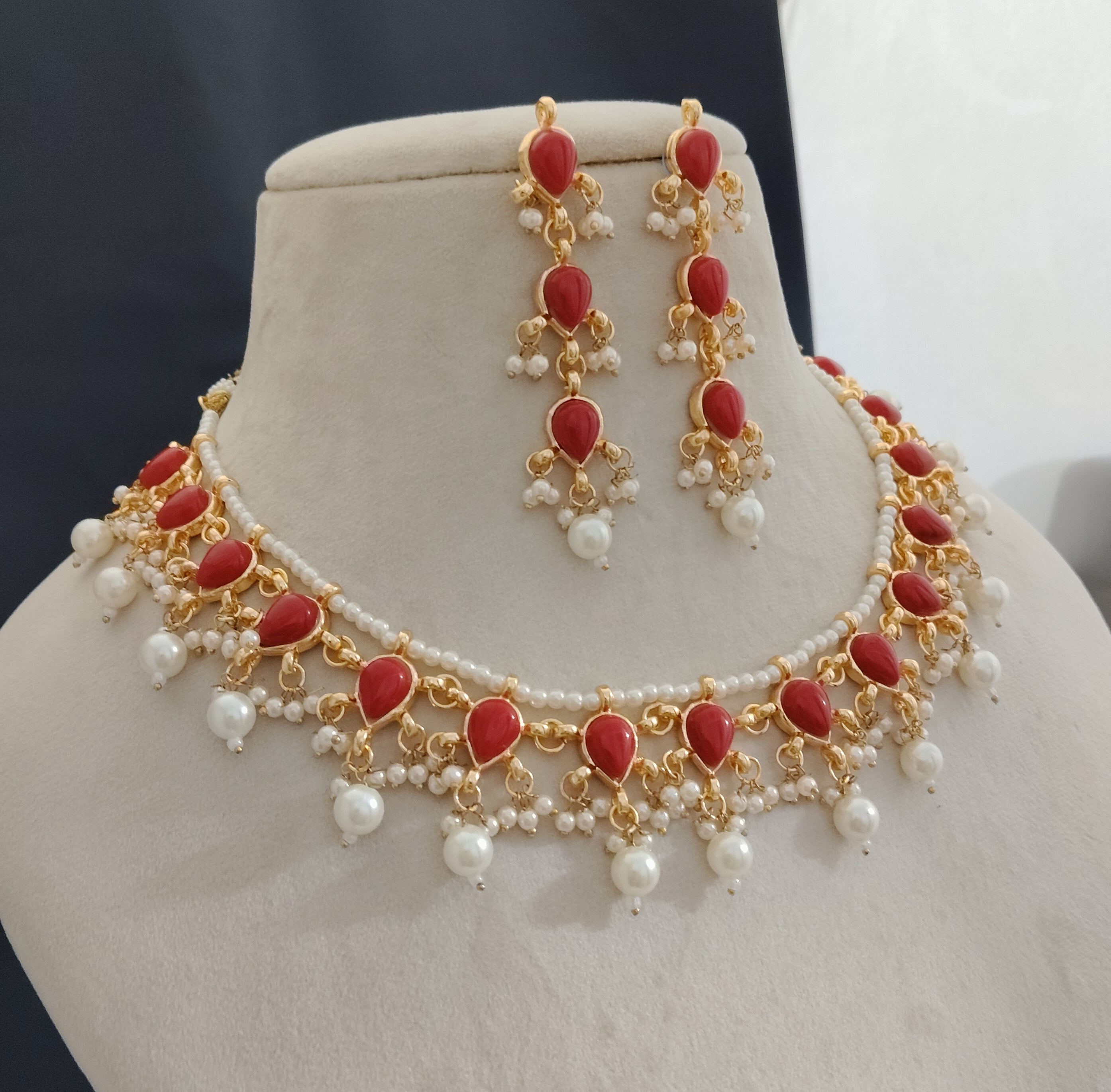 Kundan Designer Red Stone Bridal Necklace Set Wedding Jewelry Roz Jewellers.