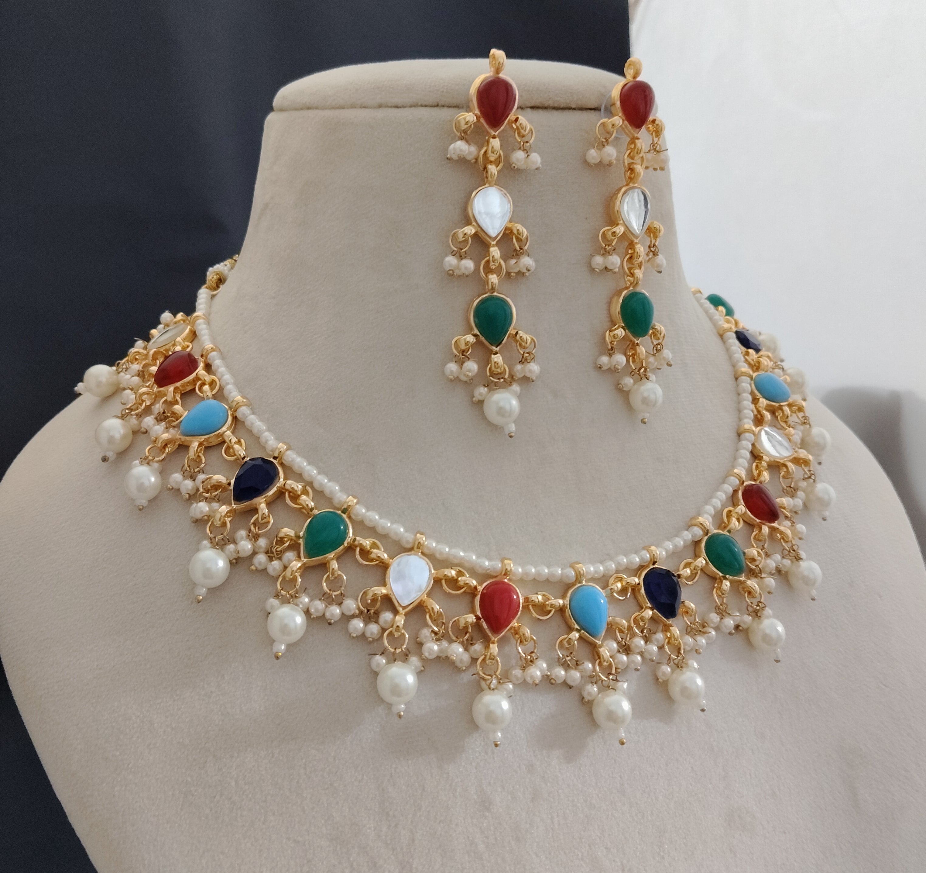 Multicolor Kundan Necklace Set Indian Bridal Jewelry Pakistani Roz Jewellers.