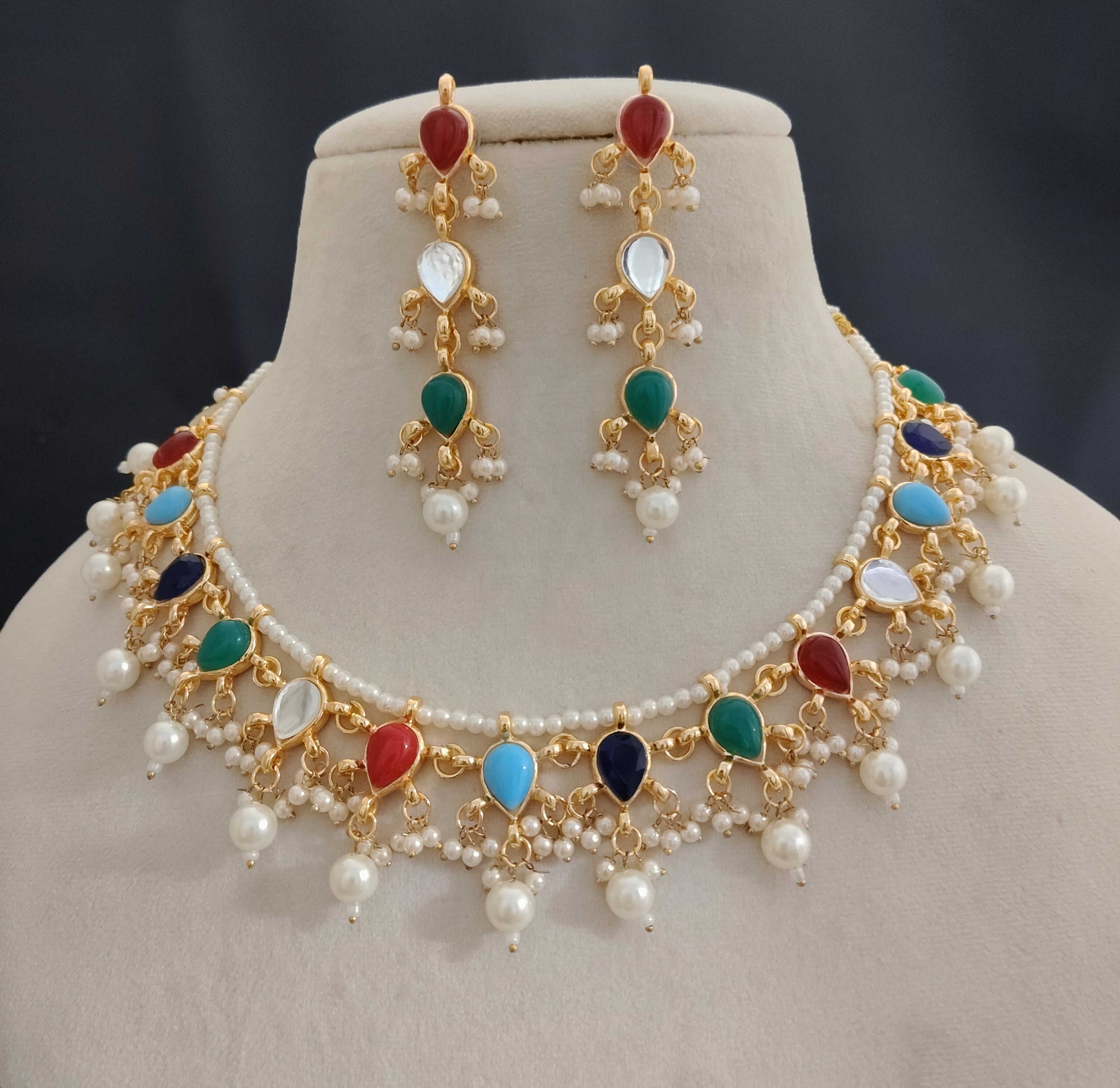Multicolor Kundan Necklace Set Indian Bridal Jewelry Pakistani Roz Jewellers.