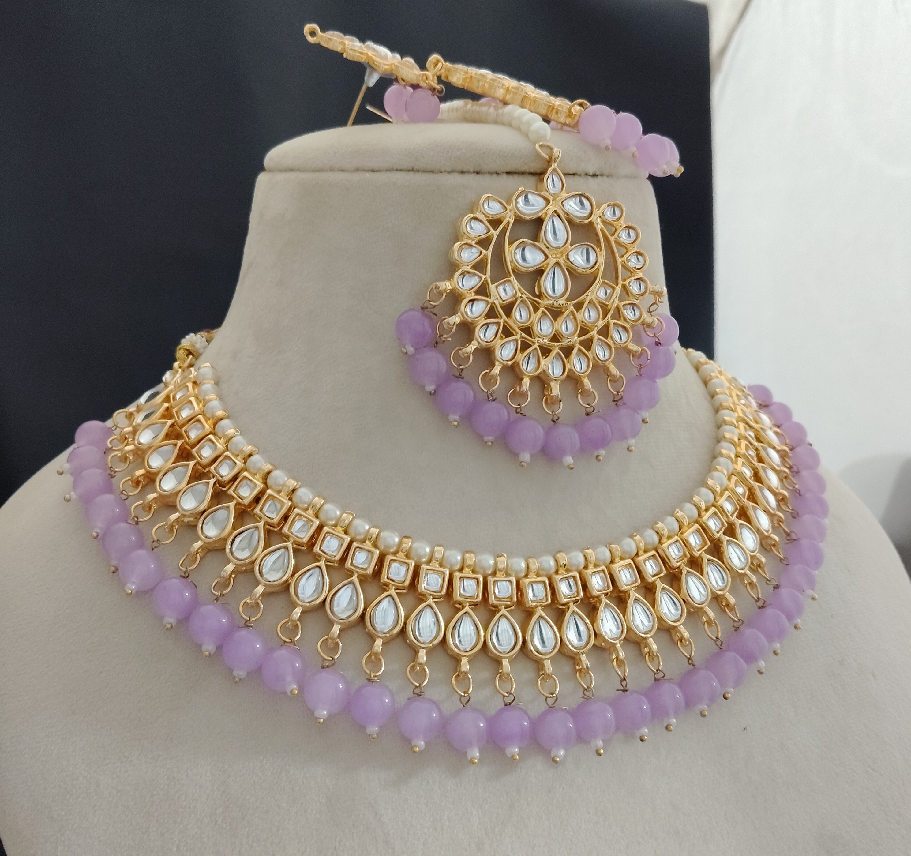 Royal Lavender Kundan Choker Necklace Set with Chandbali Earrings Roz Jewellers.
