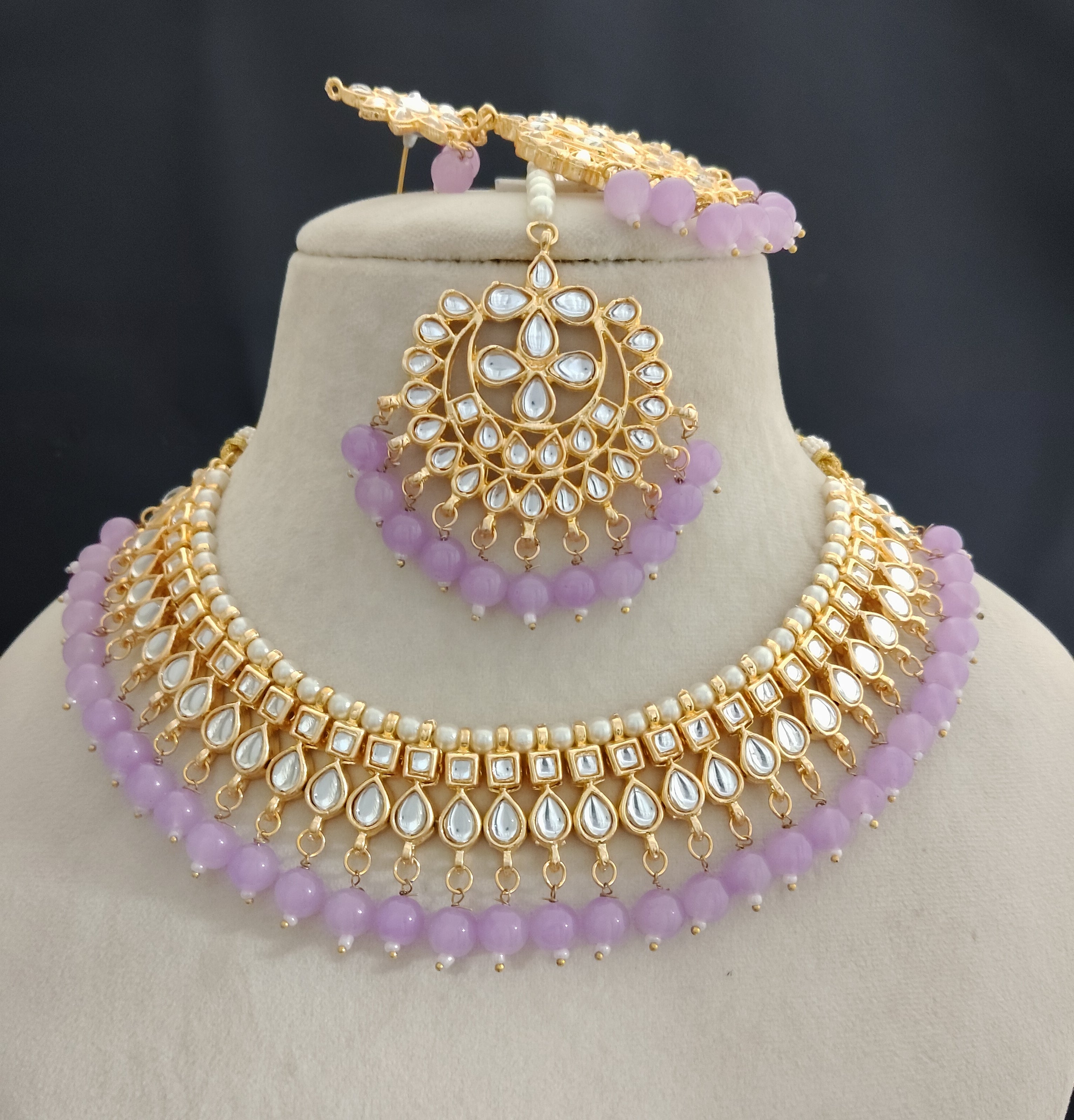 Royal Lavender Kundan Choker Necklace Set with Chandbali Earrings Roz Jewellers.