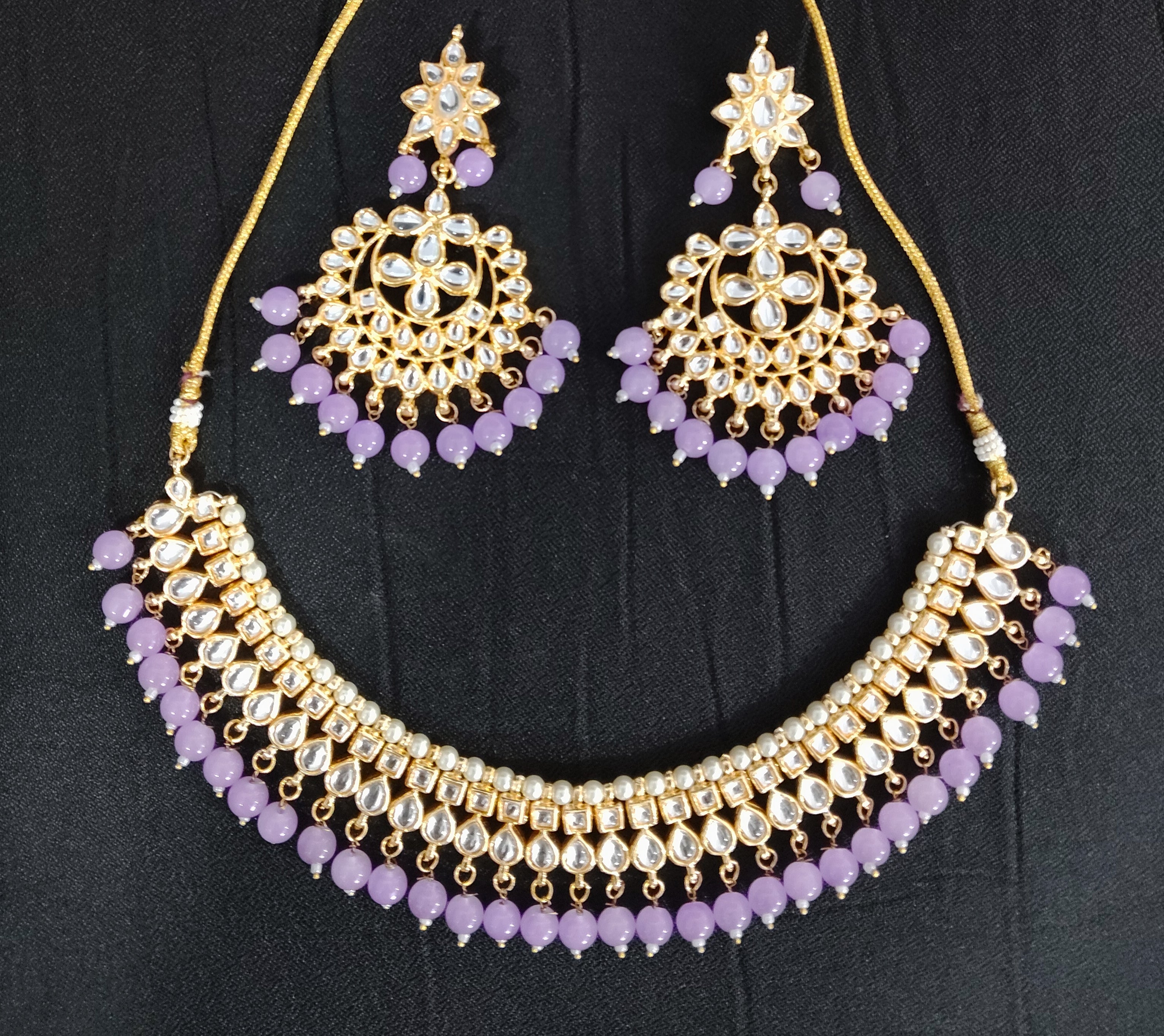 Royal Lavender Kundan Choker Necklace Set with Chandbali Earrings Roz Jewellers.