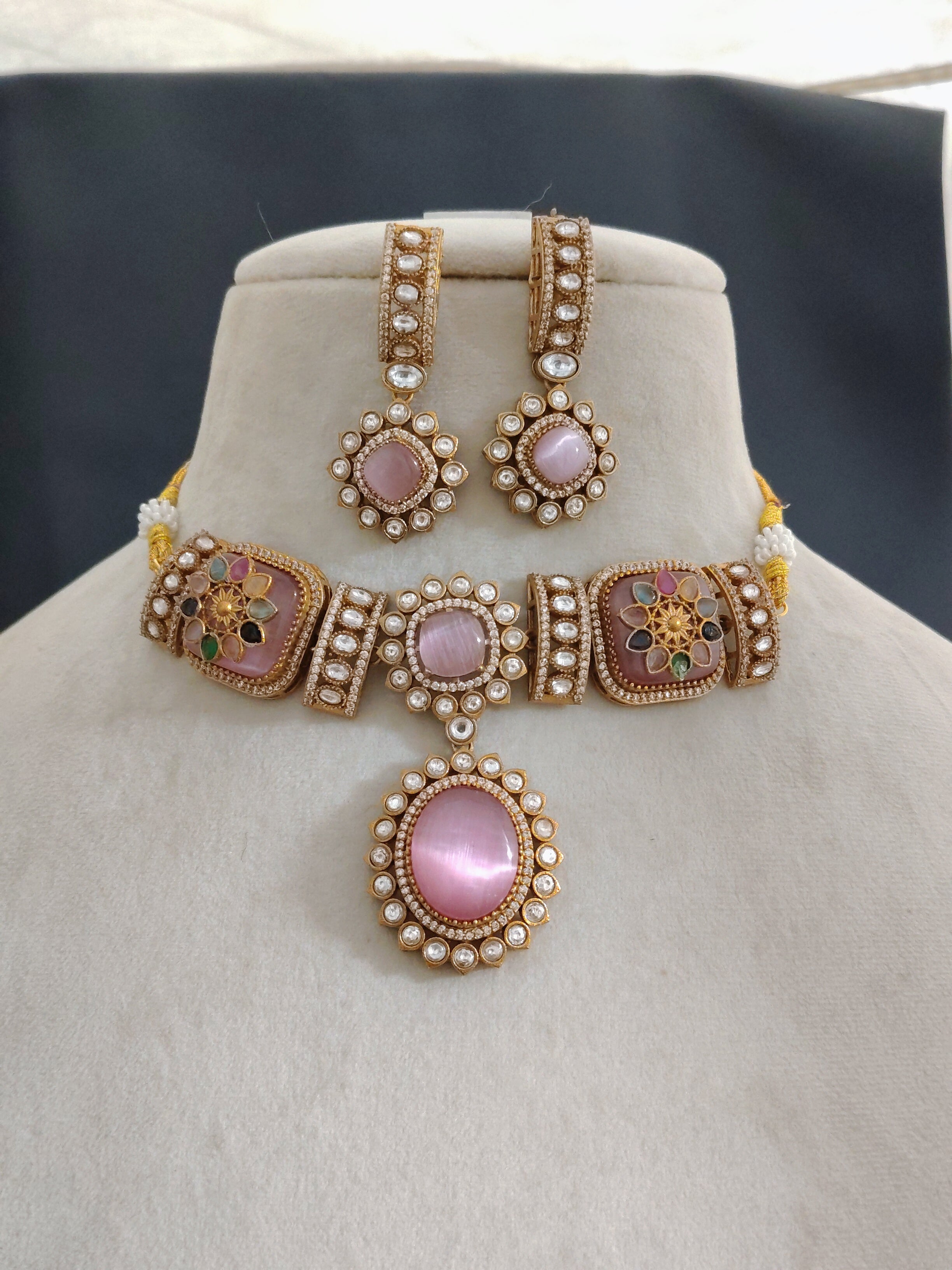 Alishba Pink Kundan Choker Necklace Set with Meenakari Accents Roz Jewellers.