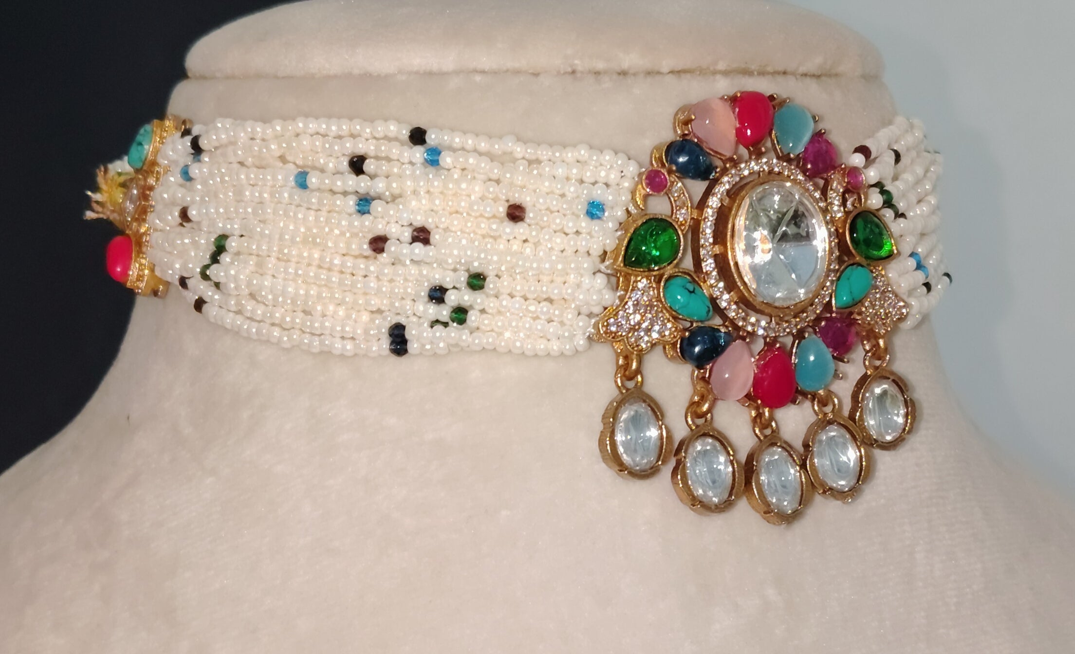 Amira Royal Multicolor Kundan Pearl Choker Necklace Set Roz Jewellers.