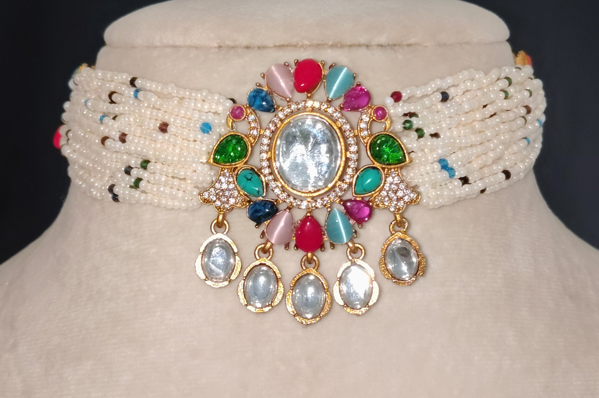 Amira Royal Multicolor Kundan Pearl Choker Necklace Set Roz Jewellers.