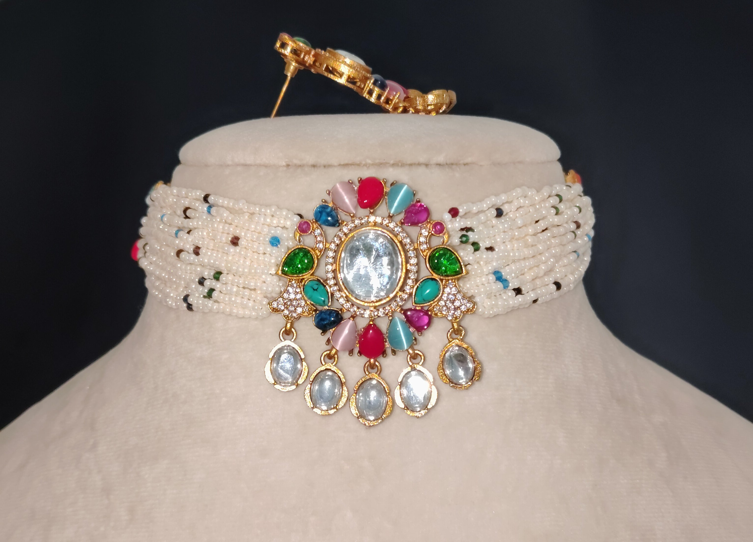 Amira Royal Multicolor Kundan Pearl Choker Necklace Set Roz Jewellers.
