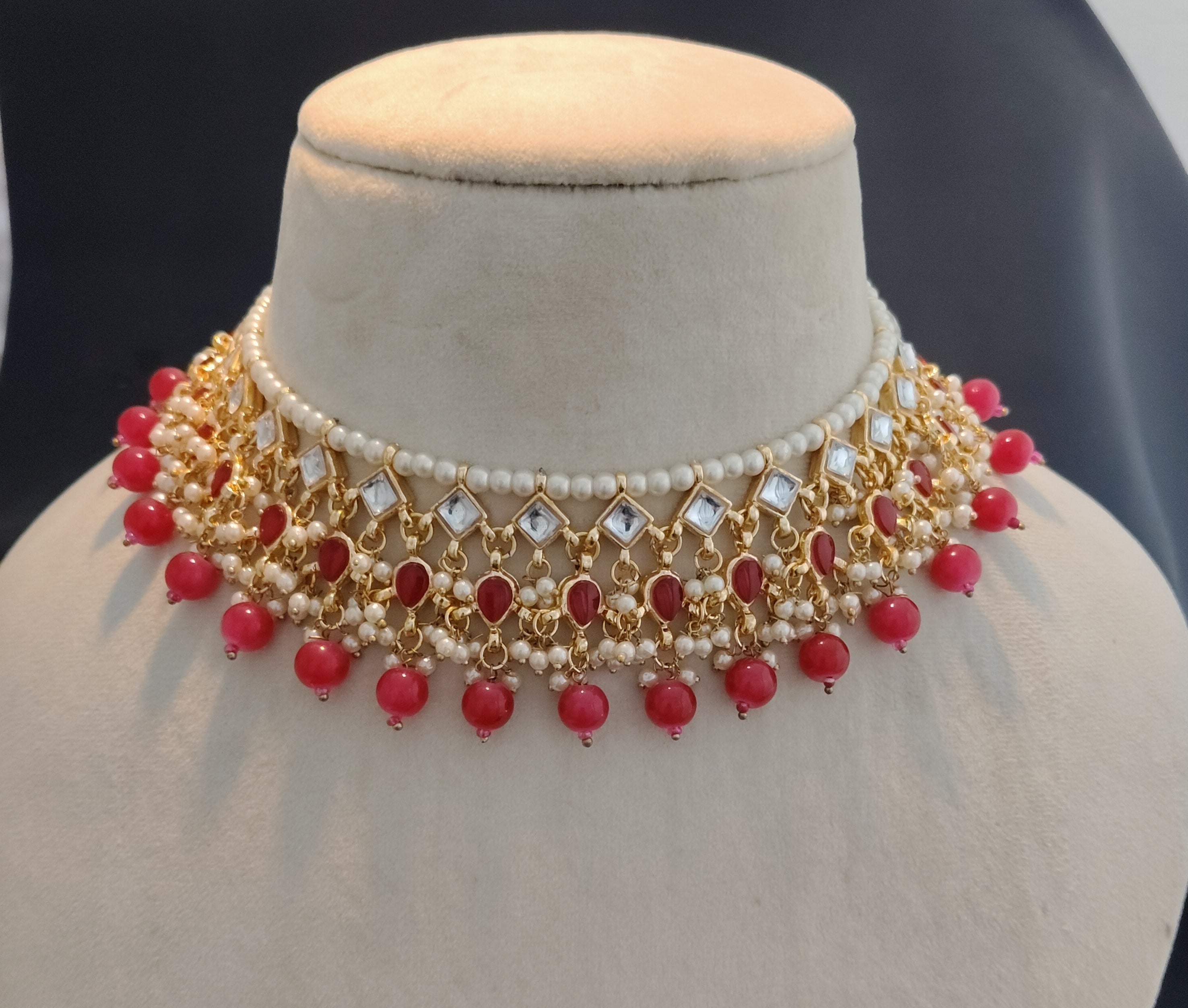 Umeja Ruby Pearl Kundan Fringe Heavy Bridal Jewelry Choker Necklace Roz Jeweller