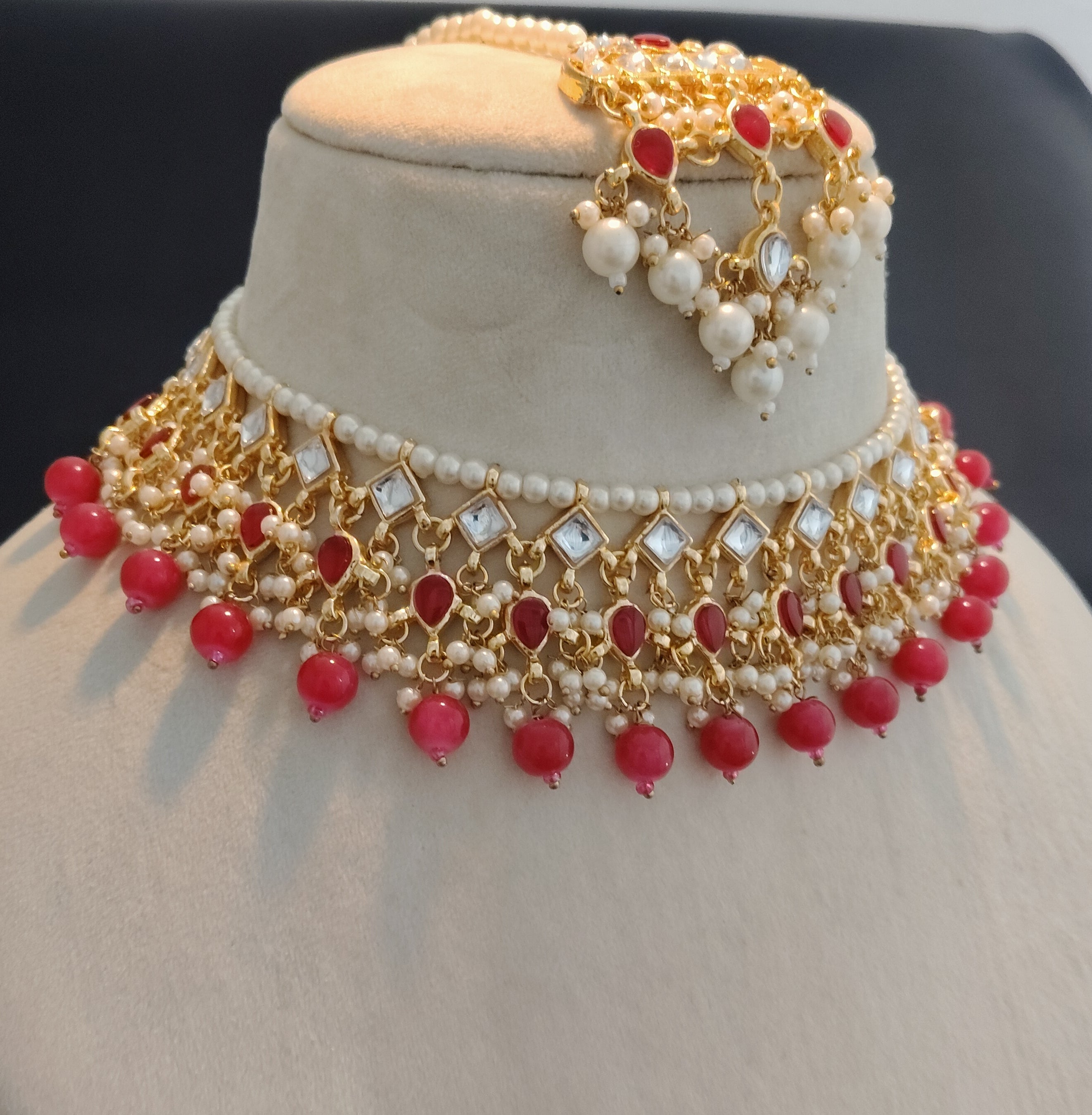Umeja Ruby Pearl Kundan Fringe Heavy Bridal Jewelry Choker Necklace Roz Jeweller