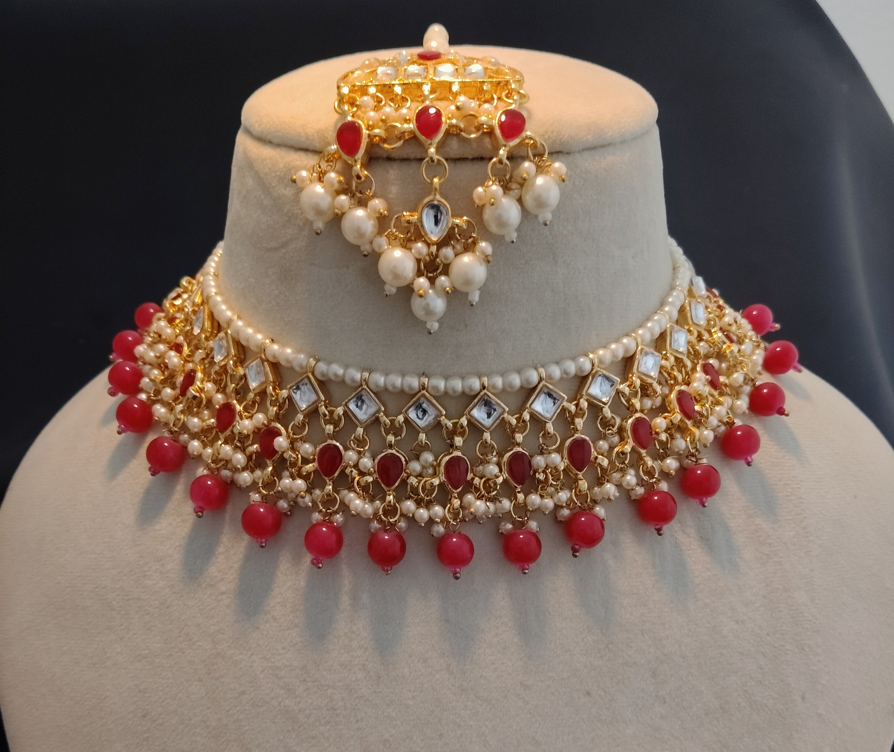 Umeja Ruby Pearl Kundan Fringe Heavy Bridal Jewelry Choker Necklace Roz Jeweller