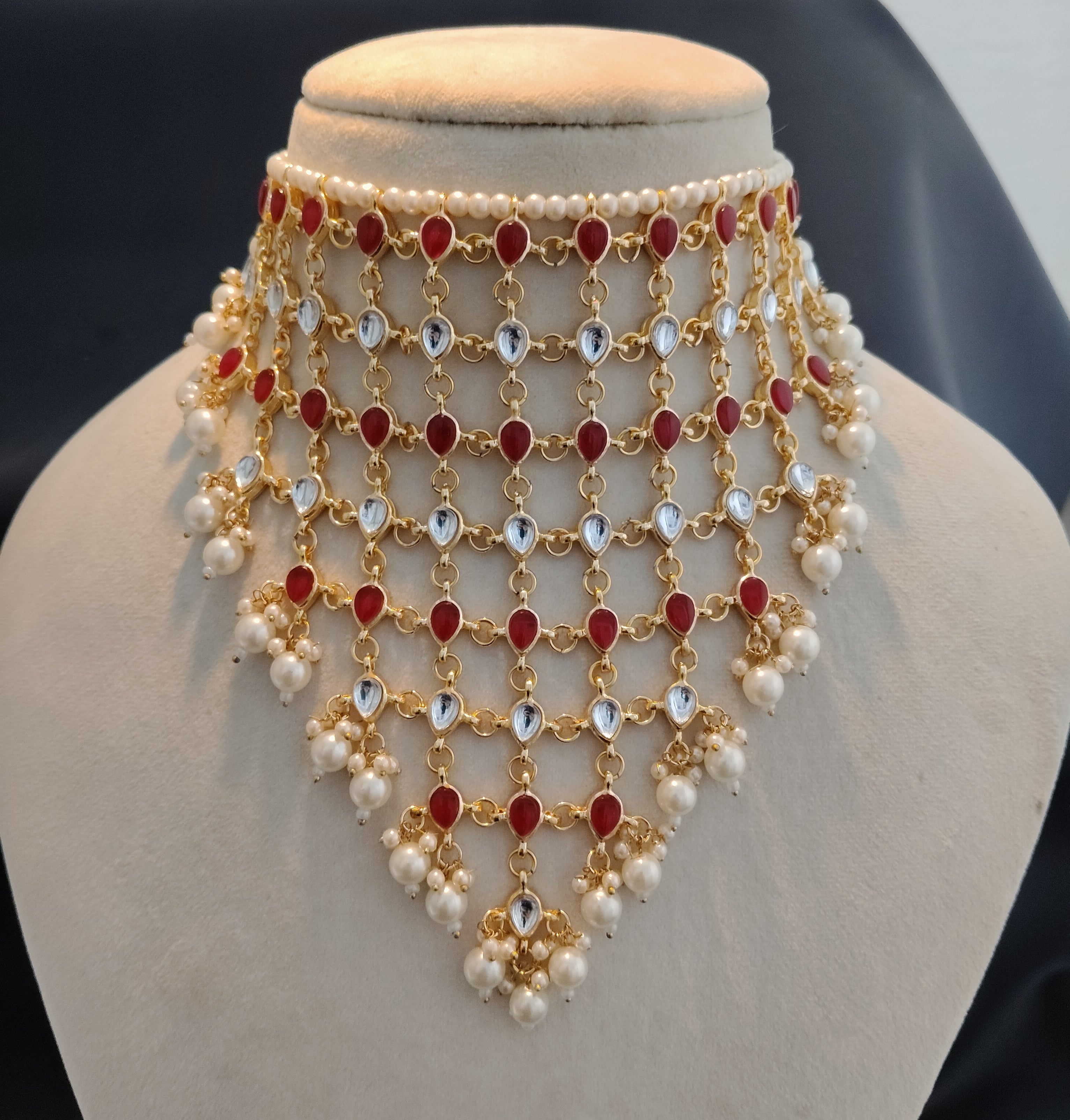 Arfa Pakistani Bridal Layered Ruby Kundan Pearl Choker Necklace Set Roz Jeweller