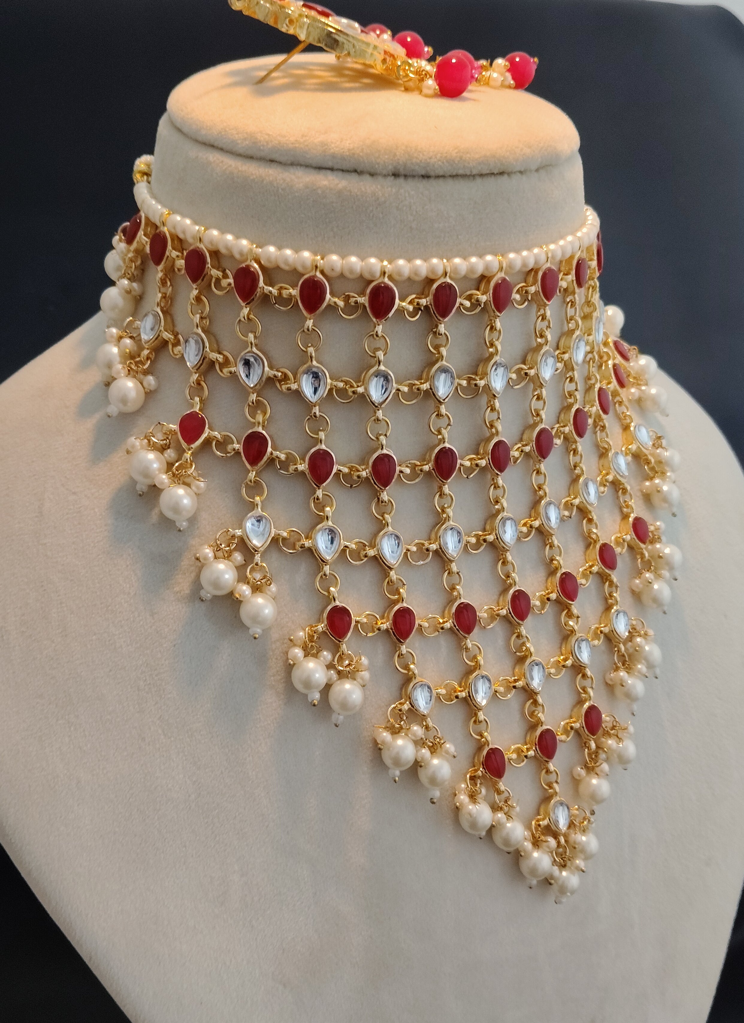 Arfa Pakistani Bridal Layered Ruby Kundan Pearl Choker Necklace Set Roz Jeweller