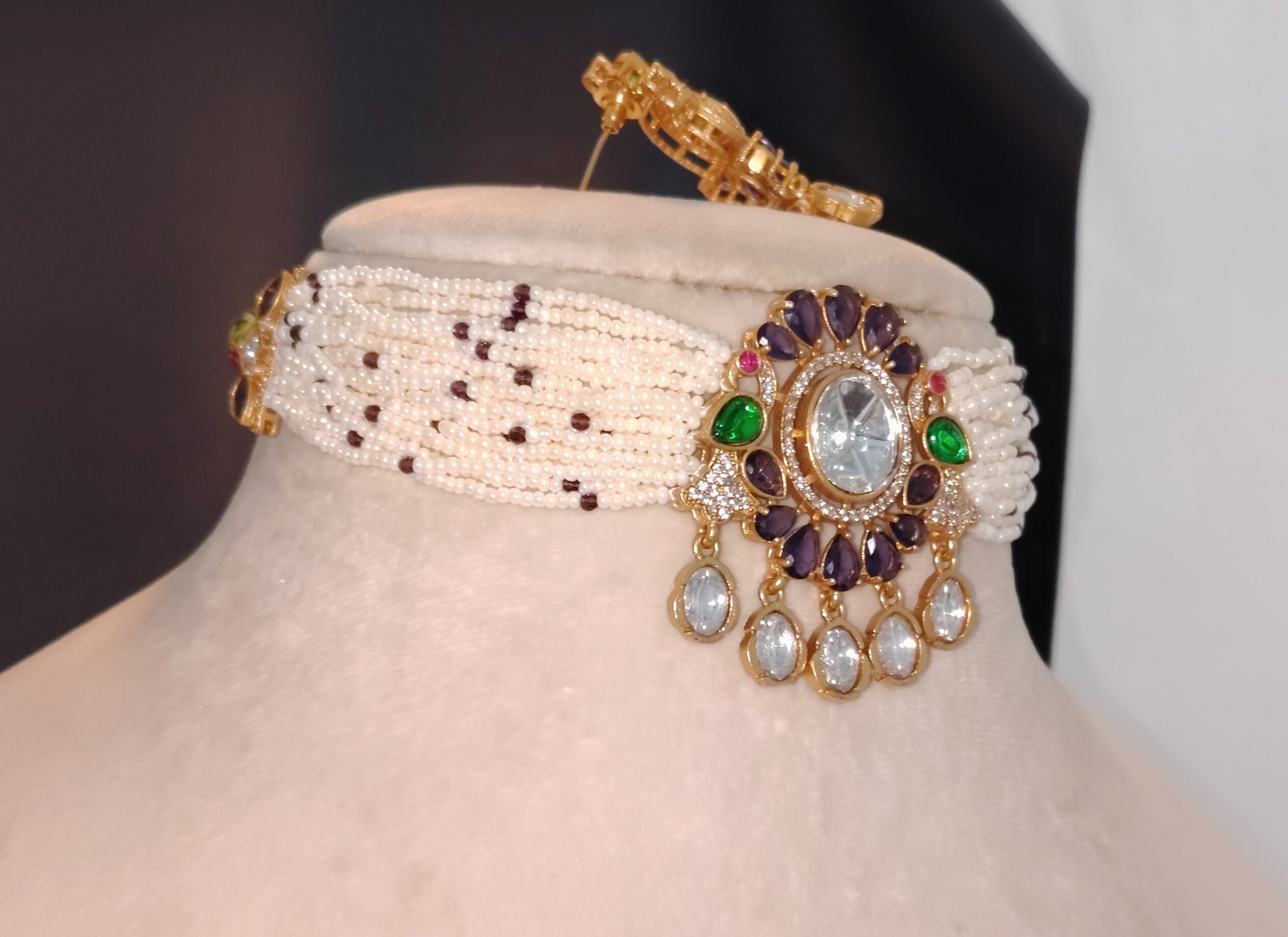 Huda Mughal Amethyst Kundan Pearl Choker Necklace Set Roz Jewellers.