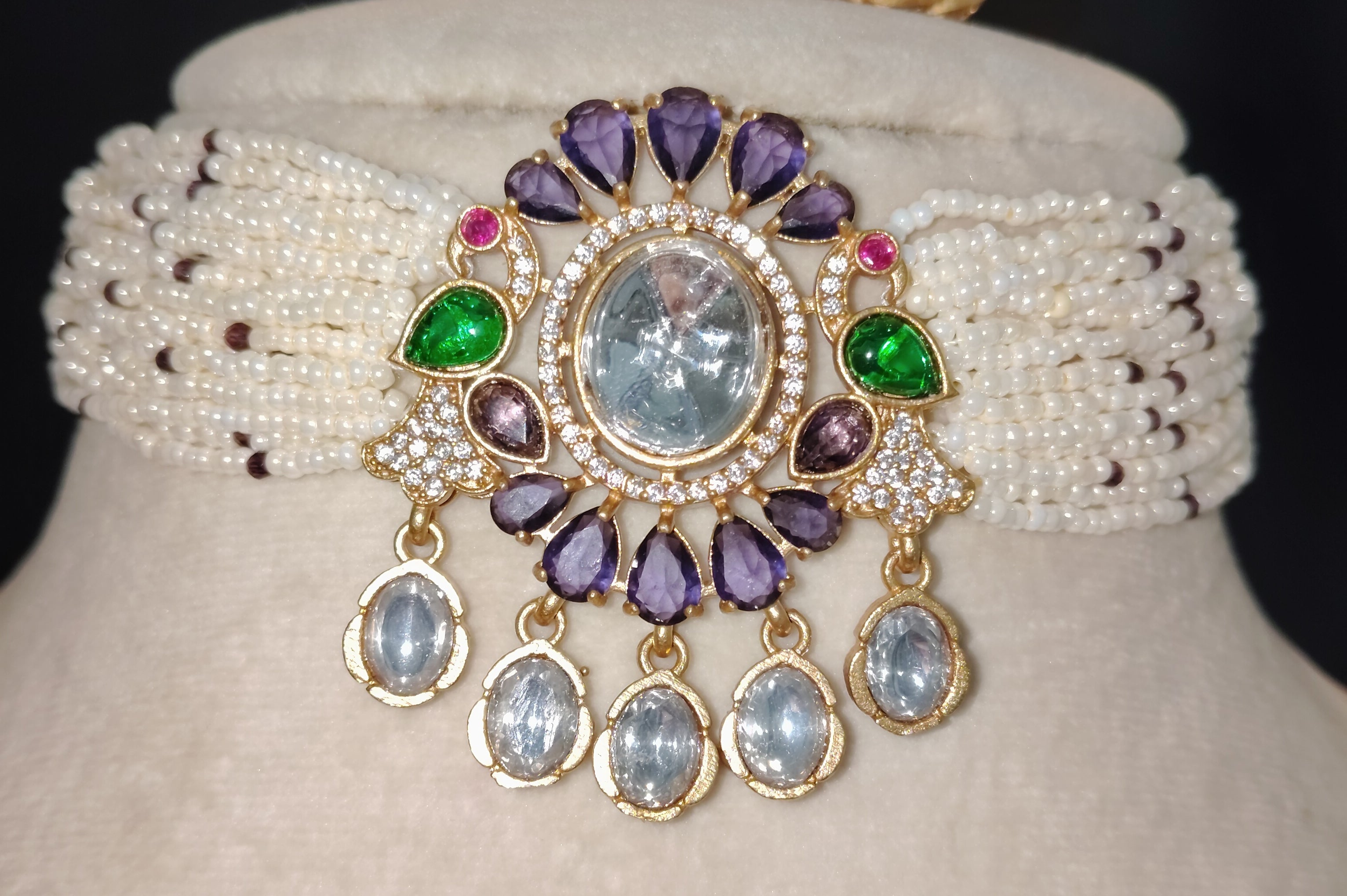 Huda Mughal Amethyst Kundan Pearl Choker Necklace Set Roz Jewellers.