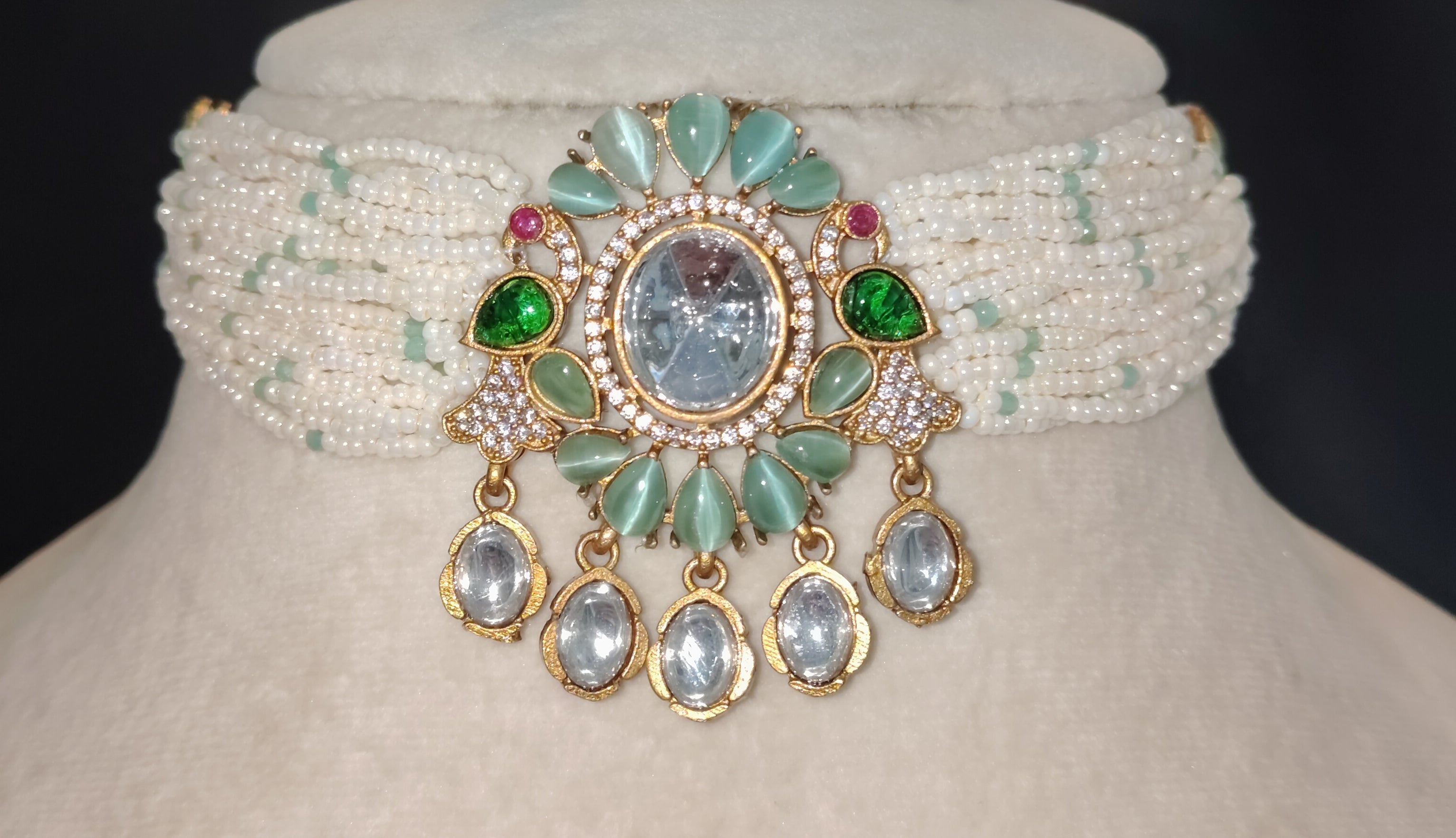 Reem Modest Mint Green Floral Kundan Pearl Choker Necklace Set Roz Jewellers.