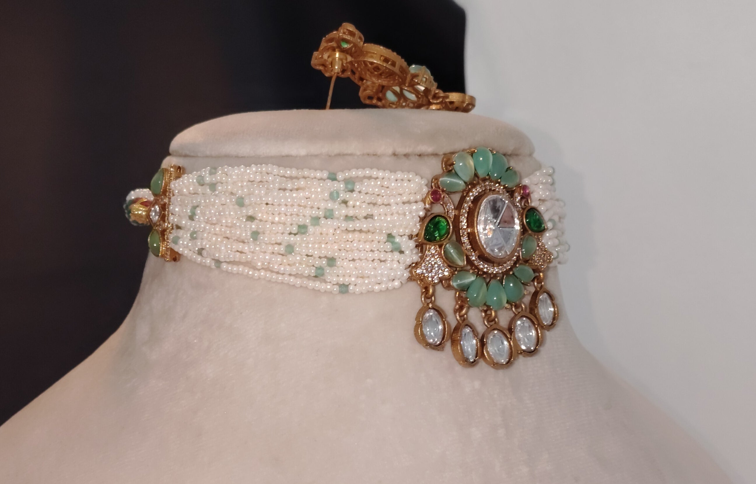 Reem Modest Mint Green Floral Kundan Pearl Choker Necklace Set Roz Jewellers.