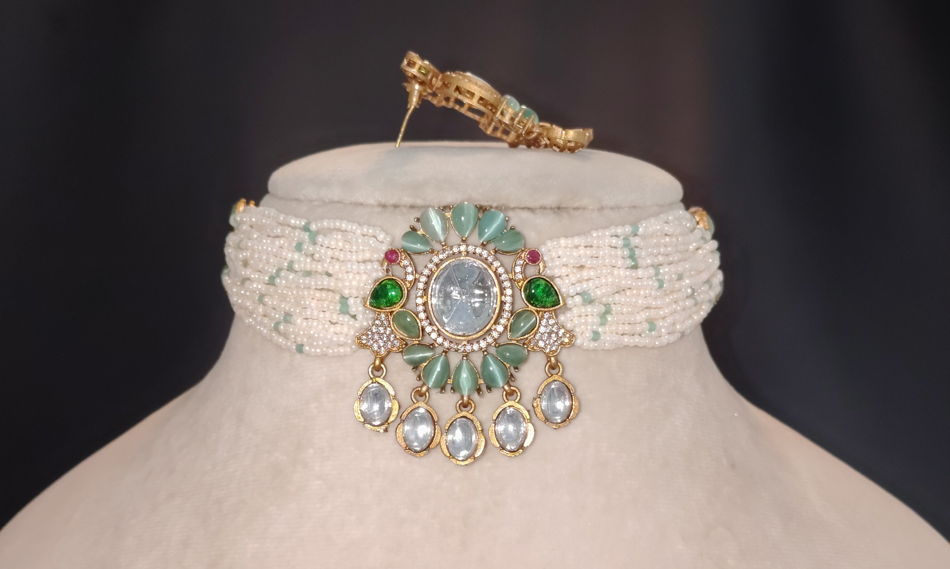 Reem Modest Mint Green Floral Kundan Pearl Choker Necklace Set Roz Jewellers.