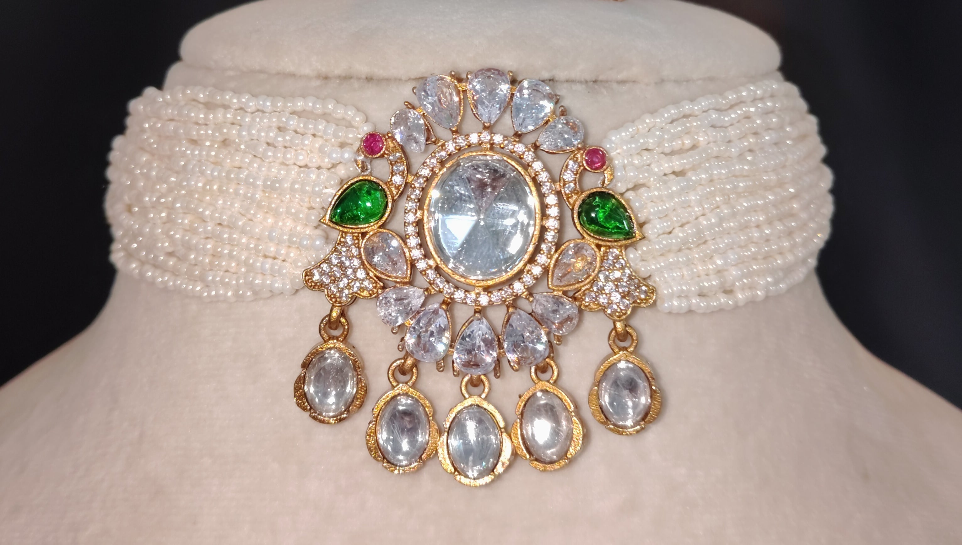Maha Classic White Kundan Pearl Bridal Choker Necklace Set Roz Jewellers.