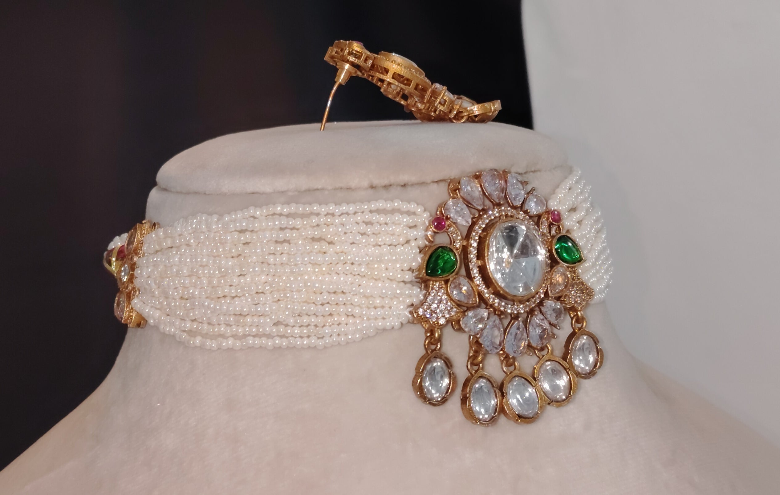 Maha Classic White Kundan Pearl Bridal Choker Necklace Set Roz Jewellers.